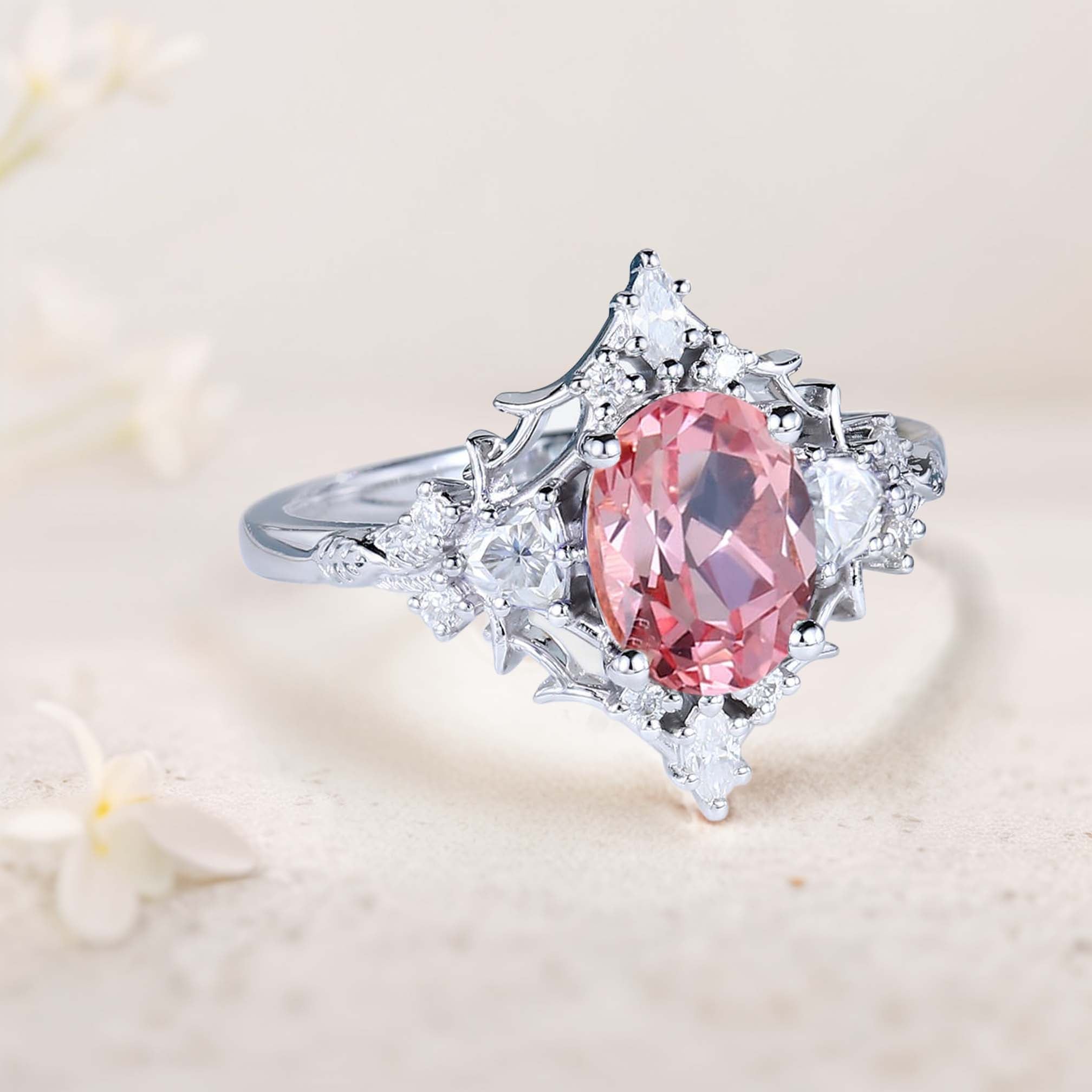 Vintage Briar Rose Oval Lab padparadscha and Moissanite 18K White Gold Engagement Ring Filigree Ring