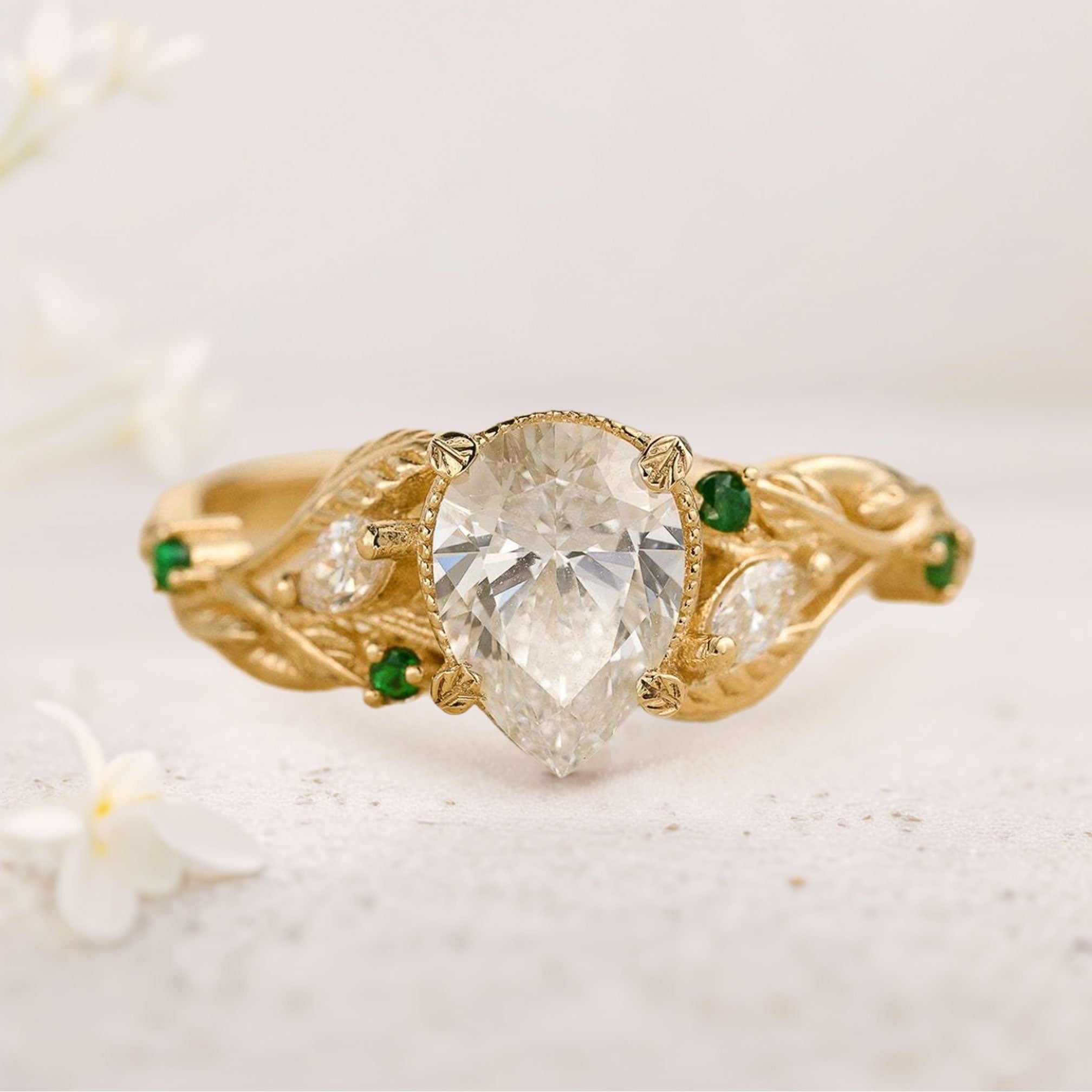 Unique floral engagement rings Pear Moissanite With leaves 18K Yellow Gold Engagement Ring