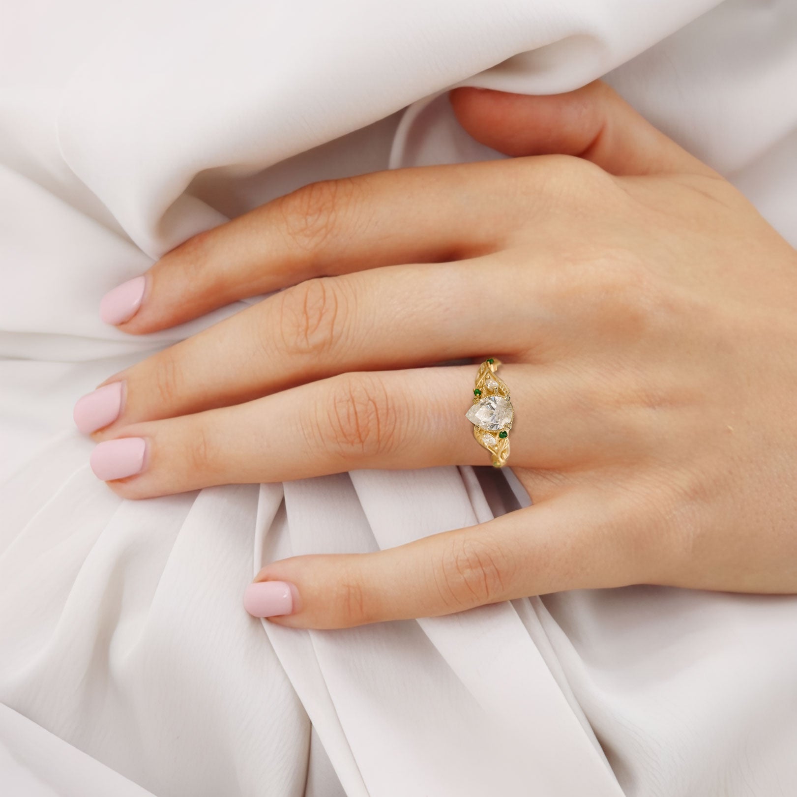 Unique floral engagement rings Pear Moissanite With leaves 18K Yellow Gold Engagement Ring