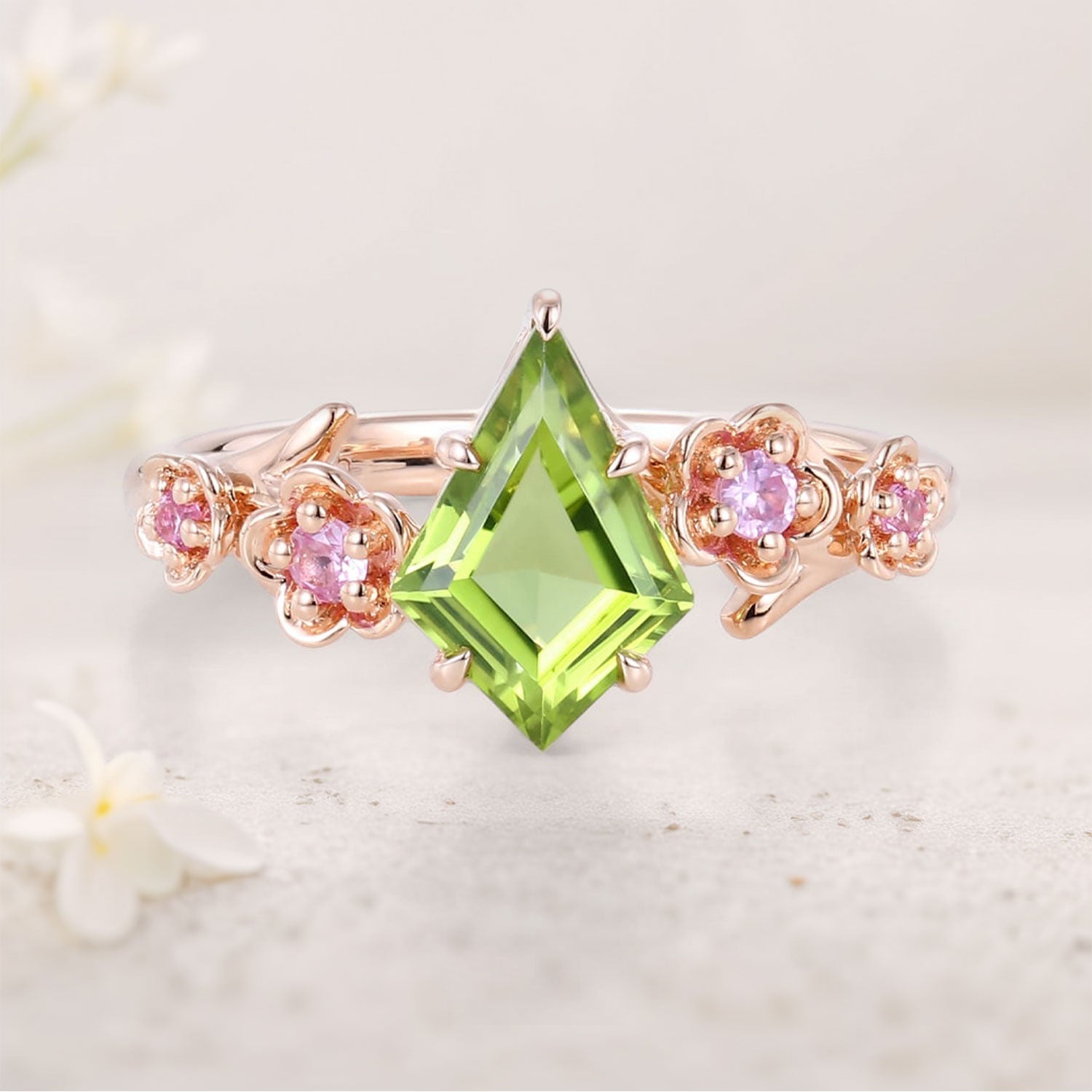 Unique Kite Peridot Blossom 18K Rose Gold Engagement Ring Charming Flora Bridal Ring