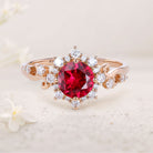Unique Round Lab Ruby Halo 18K Yellow Gold Engagement Ring Romantic Elegance Ring