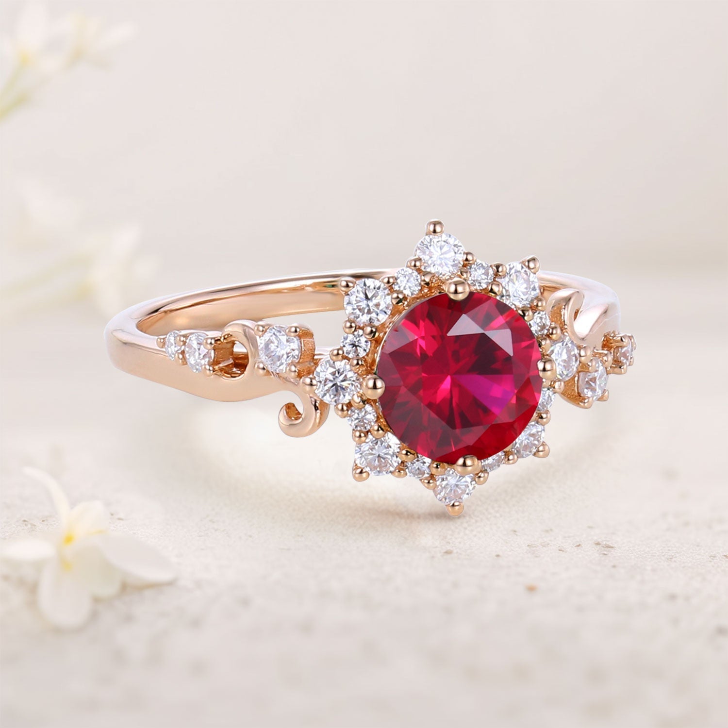Unique Round Lab Ruby Halo 18K Yellow Gold Engagement Ring Romantic Elegance Ring
