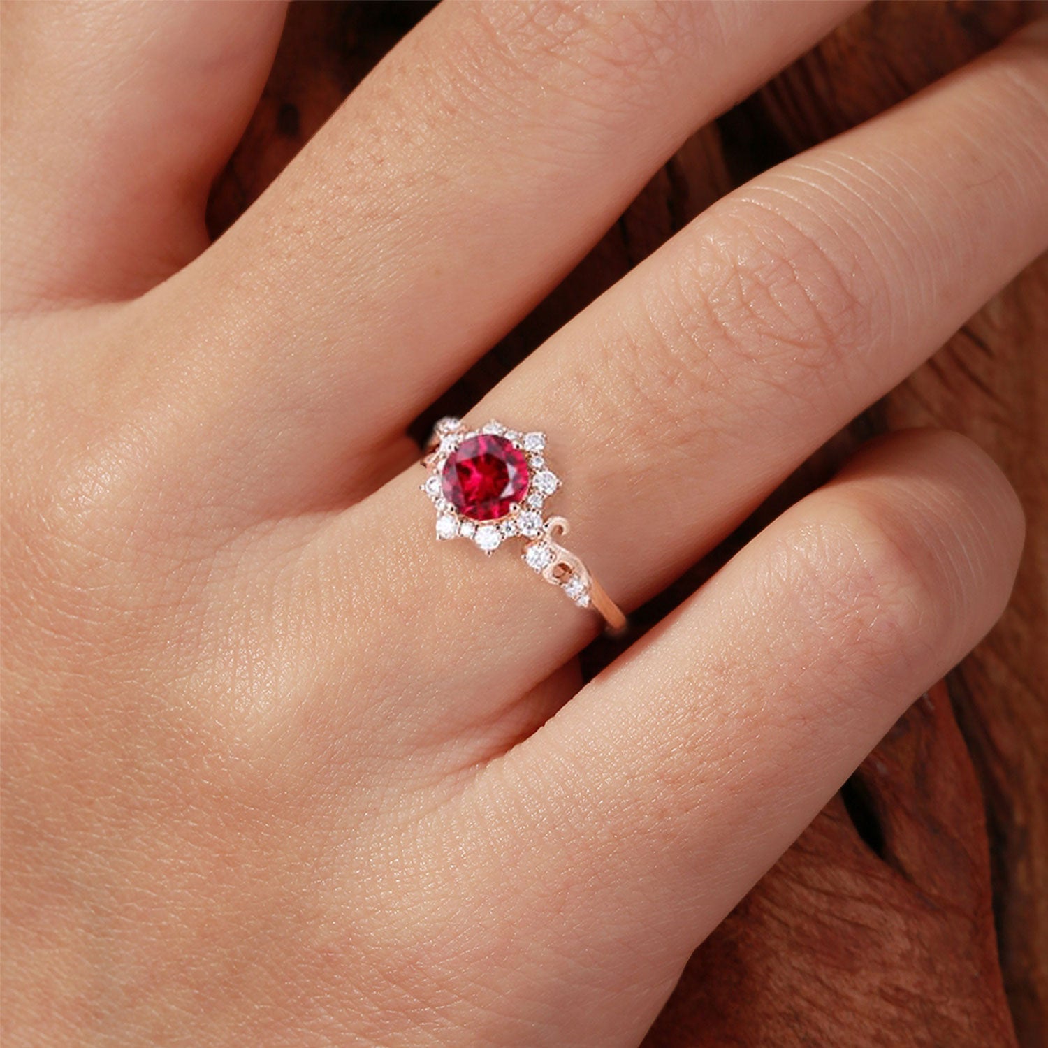Unique Round Lab Ruby Halo 18K Yellow Gold Engagement Ring Romantic Elegance Ring