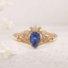 Unique Pear Vivid Blue Lab Sapphire 18K Yellow Gold engagement ring with ivy leaves Ring