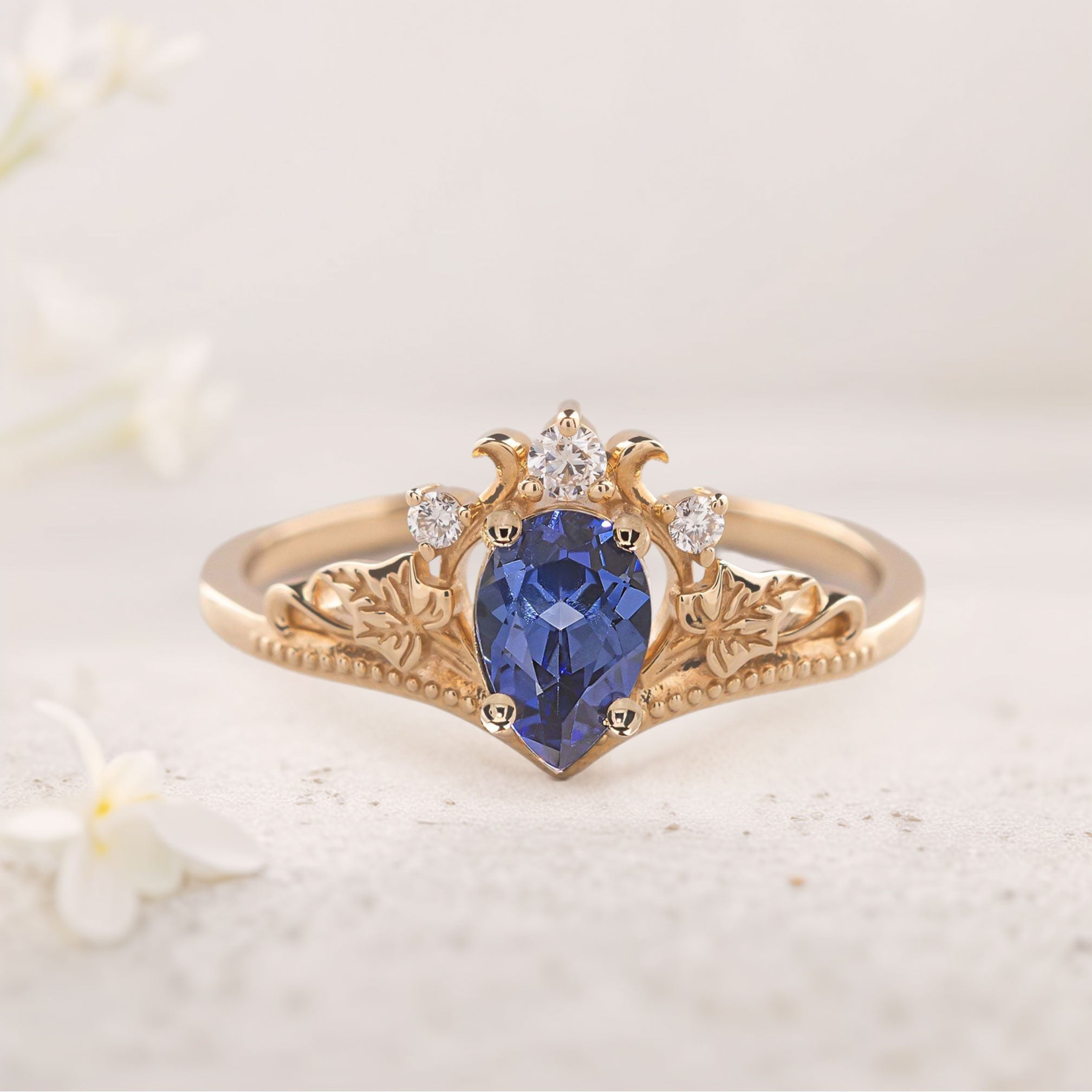 Unique Pear Vivid Blue Lab Sapphire 18K Yellow Gold engagement ring with ivy leaves Ring