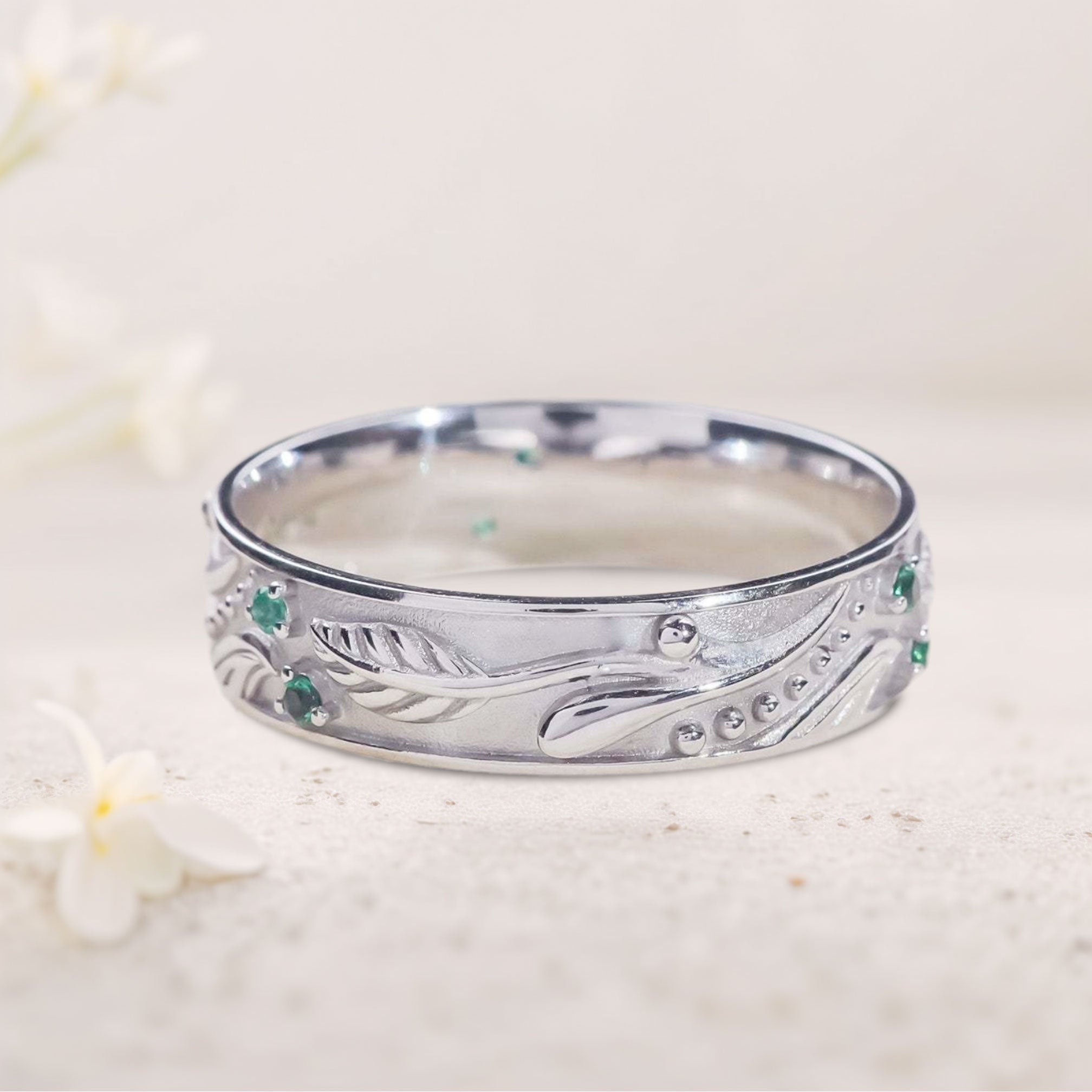 Unique floral 925 Sterling Silver engagement rings Nature inspired Wedding Band with Emeralds For Men