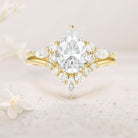 Unique floral engagement rings Pear Moissanite Bridal Ring Cluster 18K Yellow Gold Engagement Ring Set