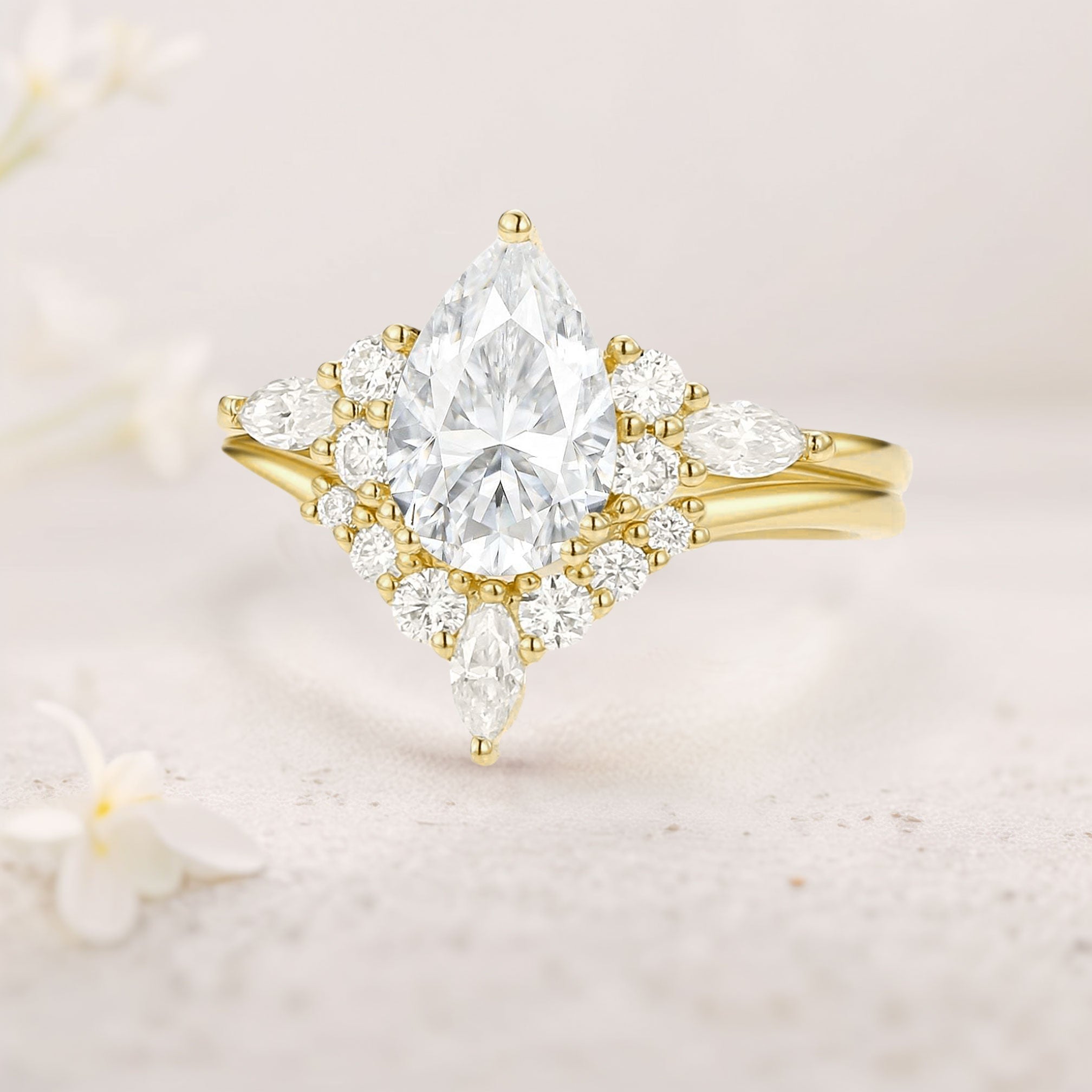 Unique floral engagement rings Pear Moissanite Bridal Ring Cluster 18K Yellow Gold Engagement Ring Set