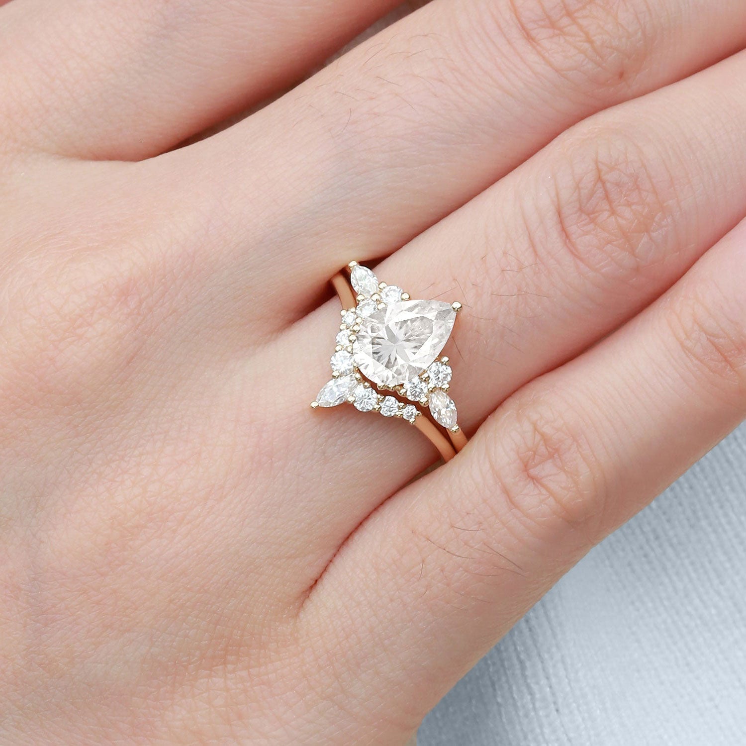 Unique floral engagement rings Pear Moissanite Bridal Ring Cluster 18K Yellow Gold Engagement Ring Set