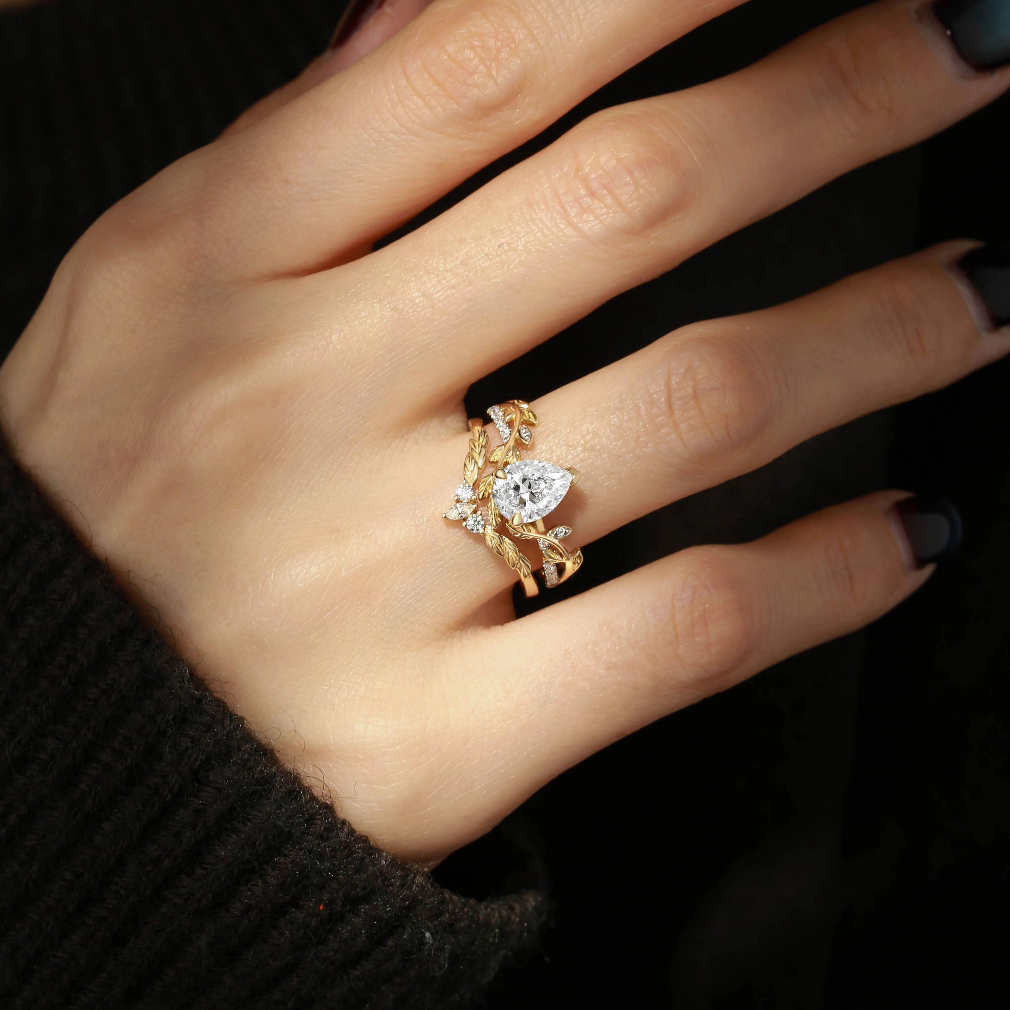 Unique floral 18K Yellow Gold engagement rings Pear Moissanite Nature Inspired Leafy Bridal Set