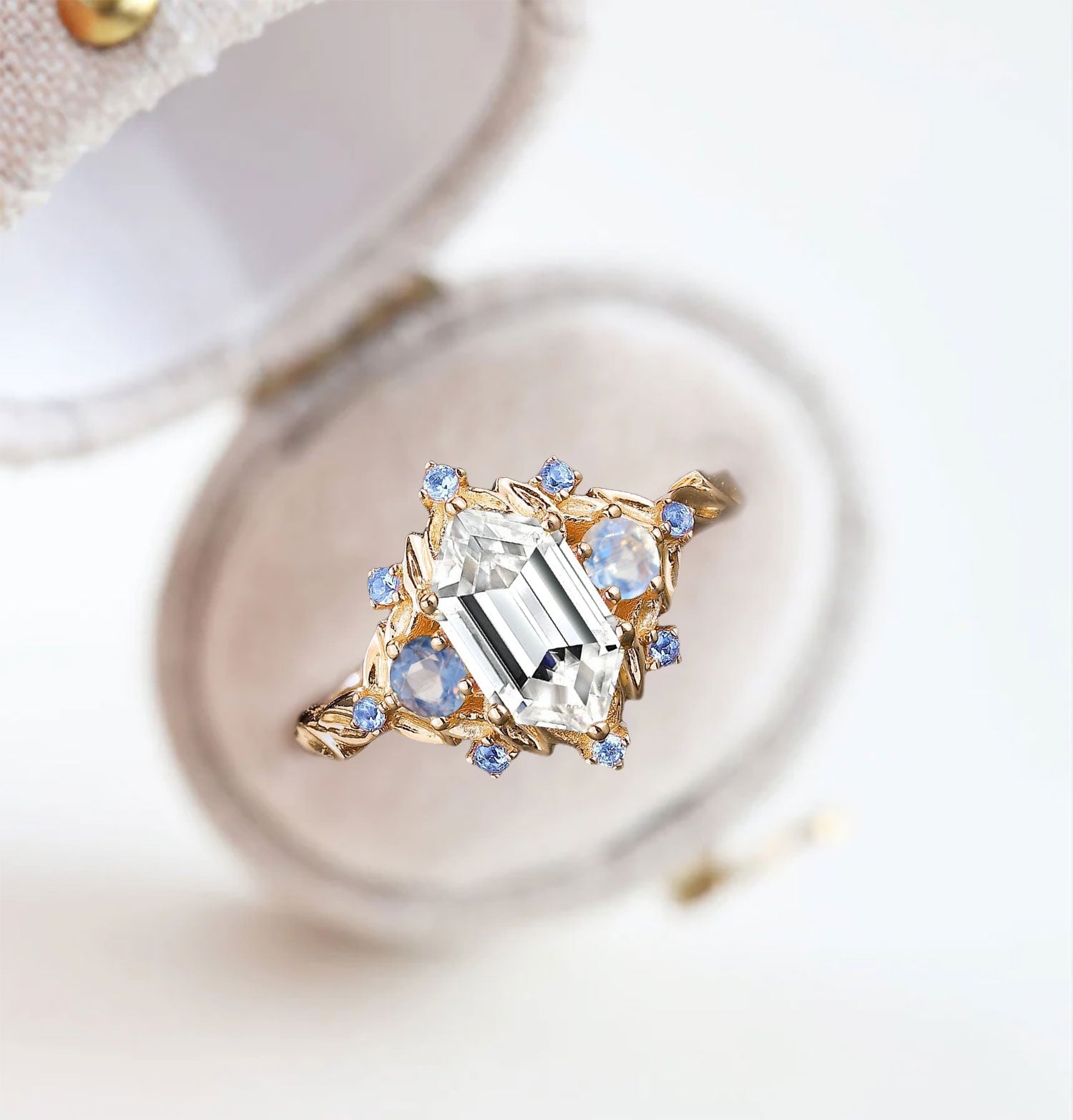 Unique floral engagement rings Three Stone Long Hexagon Moissanite 18K Yellow Gold Engagement Ring