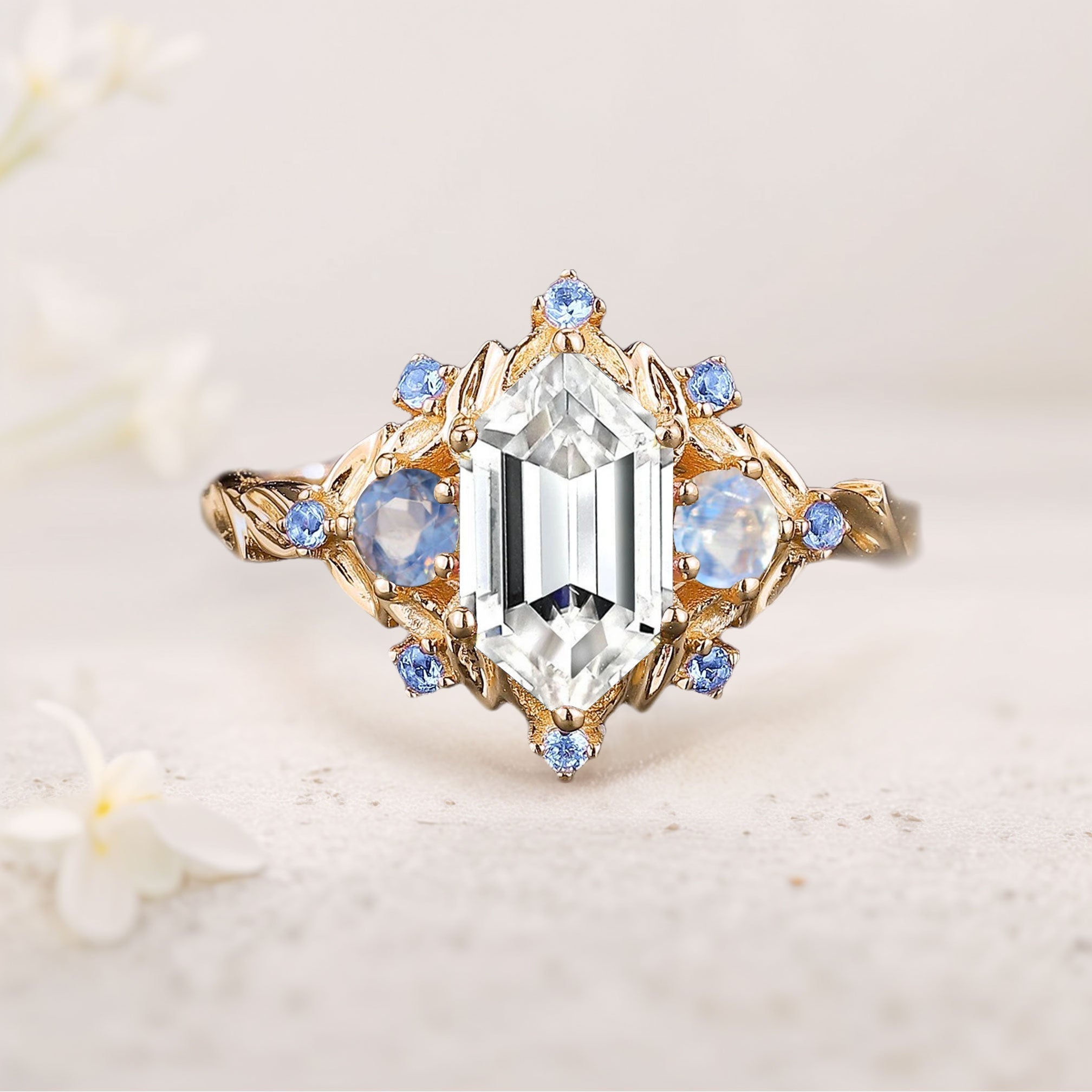 Unique floral engagement rings Three Stone Long Hexagon Moissanite 18K Yellow Gold Engagement Ring