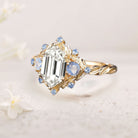 Unique floral engagement rings Three Stone Long Hexagon Moissanite 18K Yellow Gold Engagement Ring
