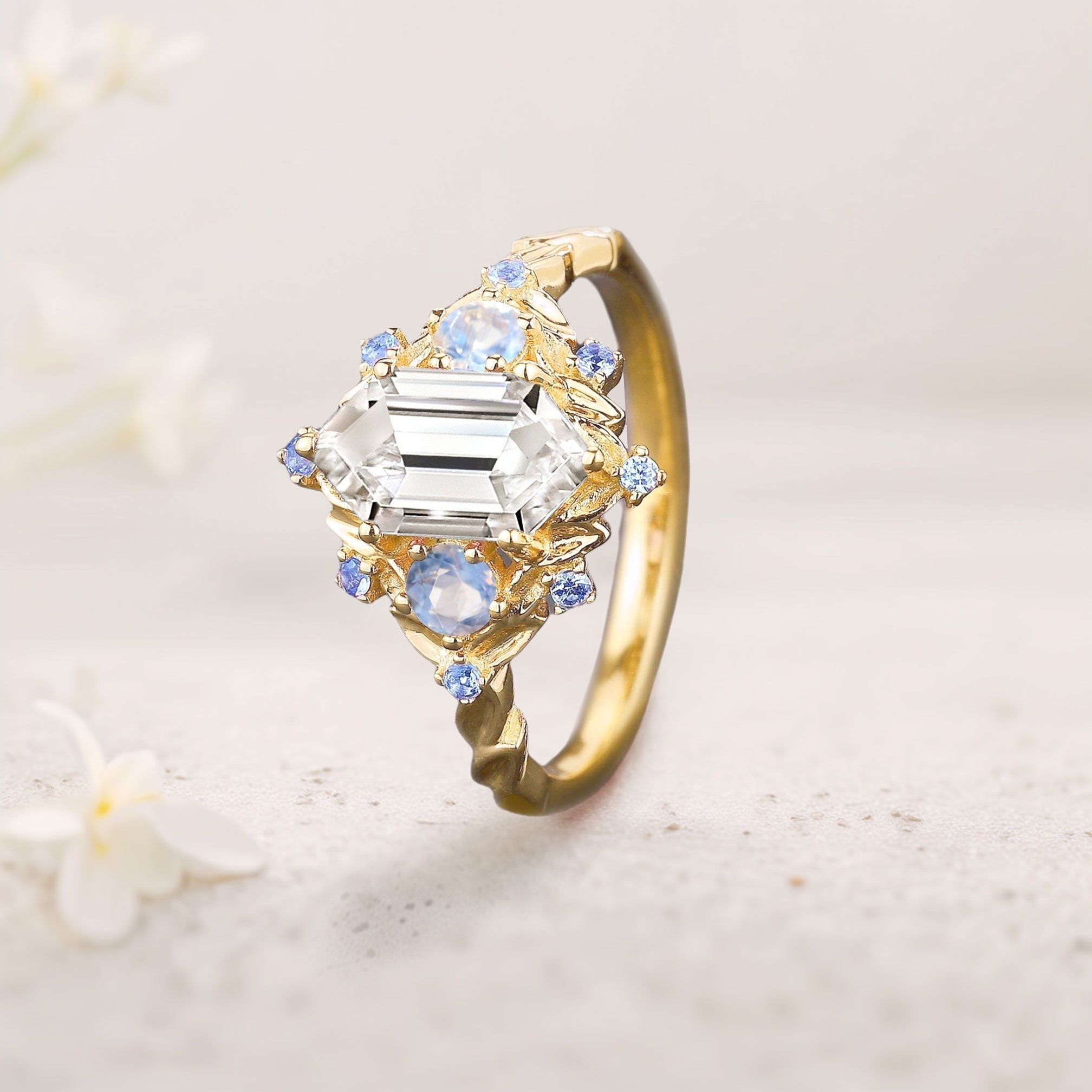 Unique floral engagement rings Three Stone Long Hexagon Moissanite 18K Yellow Gold Engagement Ring