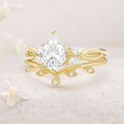 Unique floral engagement rings Pear Moissanite Leafy 18K Yellow Gold Twig Bridal Ring Set