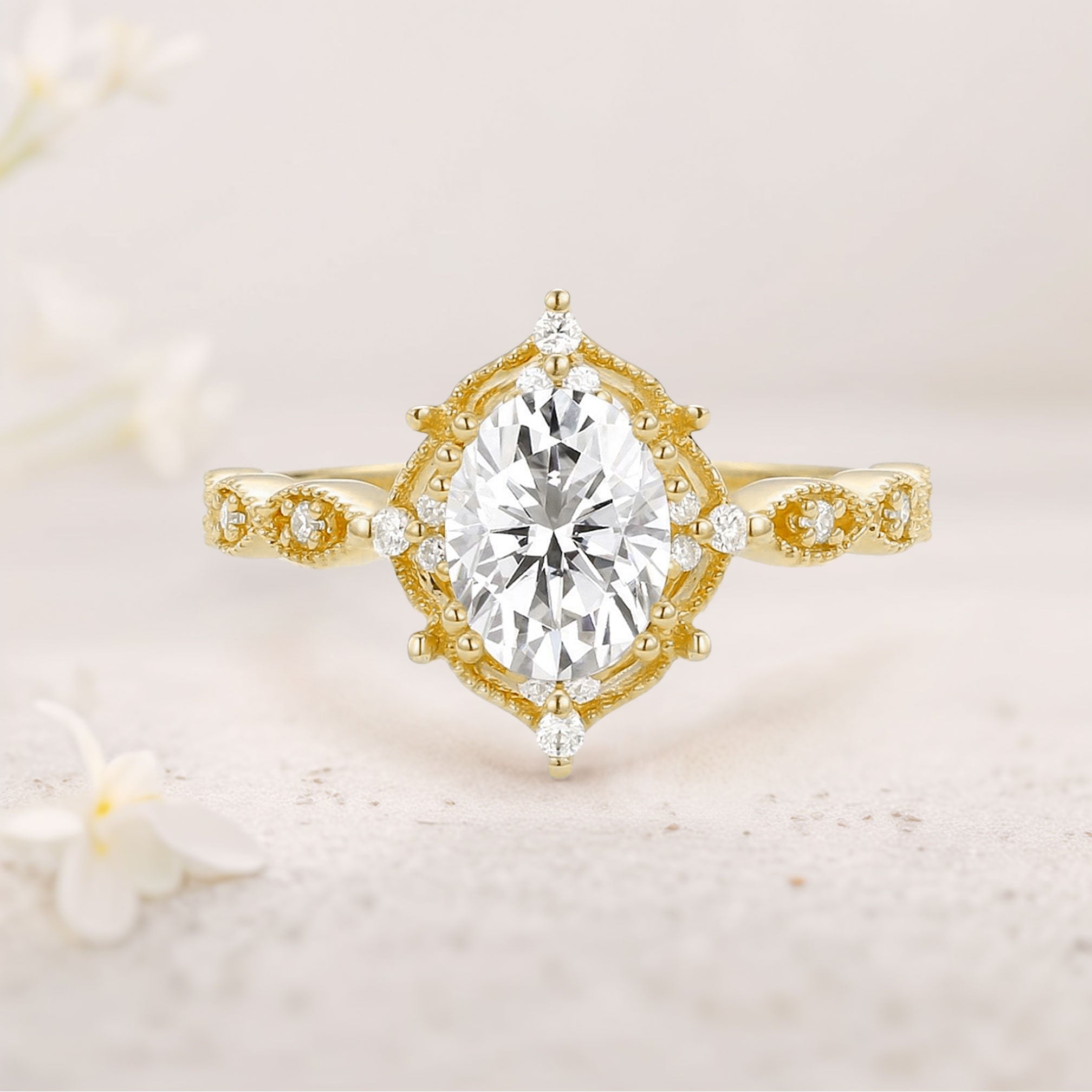 Vintage floral engagement rings Oval 18K Yellow Gold Moissanite Ring Wedding Ring