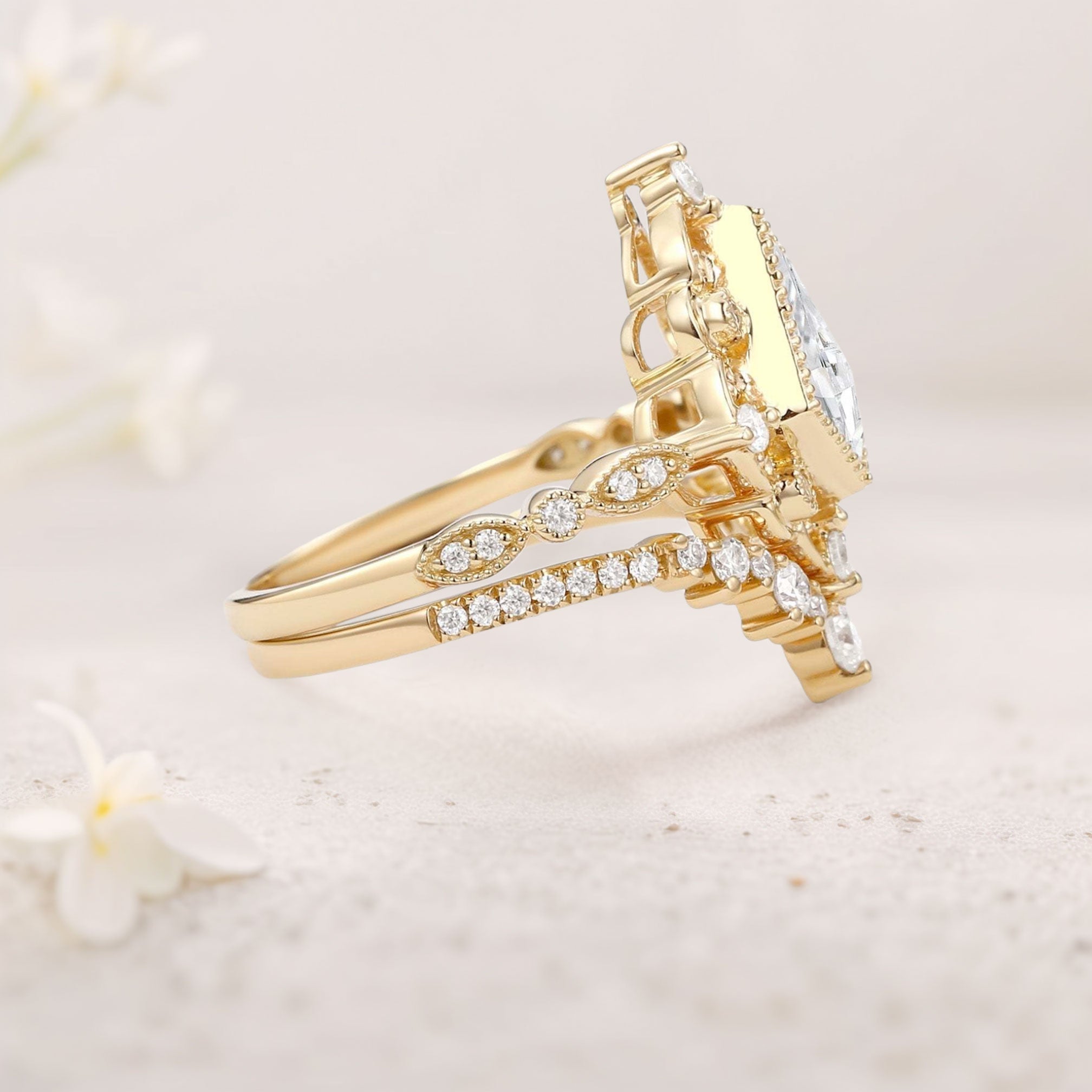 Vintage floral engagement rings Kite Moissanite Art Deco 18K Yellow Gold Engagement Ring Set