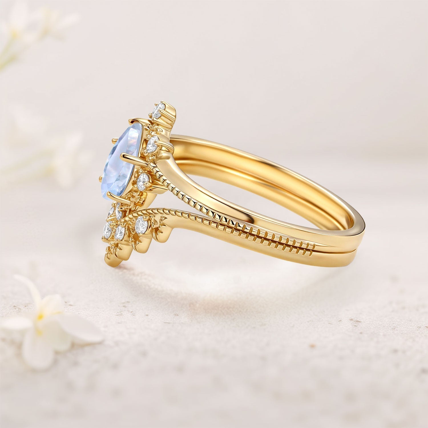 Vintage Pear Lab Moonstone and Moissanite 18K Yellow Gold Chevron Ring Set Bridal Set