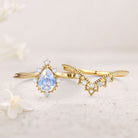 Vintage Pear Lab Moonstone and Moissanite 18K Yellow Gold Chevron Ring Set Bridal Set
