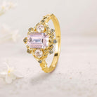 Vintage Three Stone Emerald cut Lab Morganite 18K Yellow Gold Engagement ring Fairy ring
