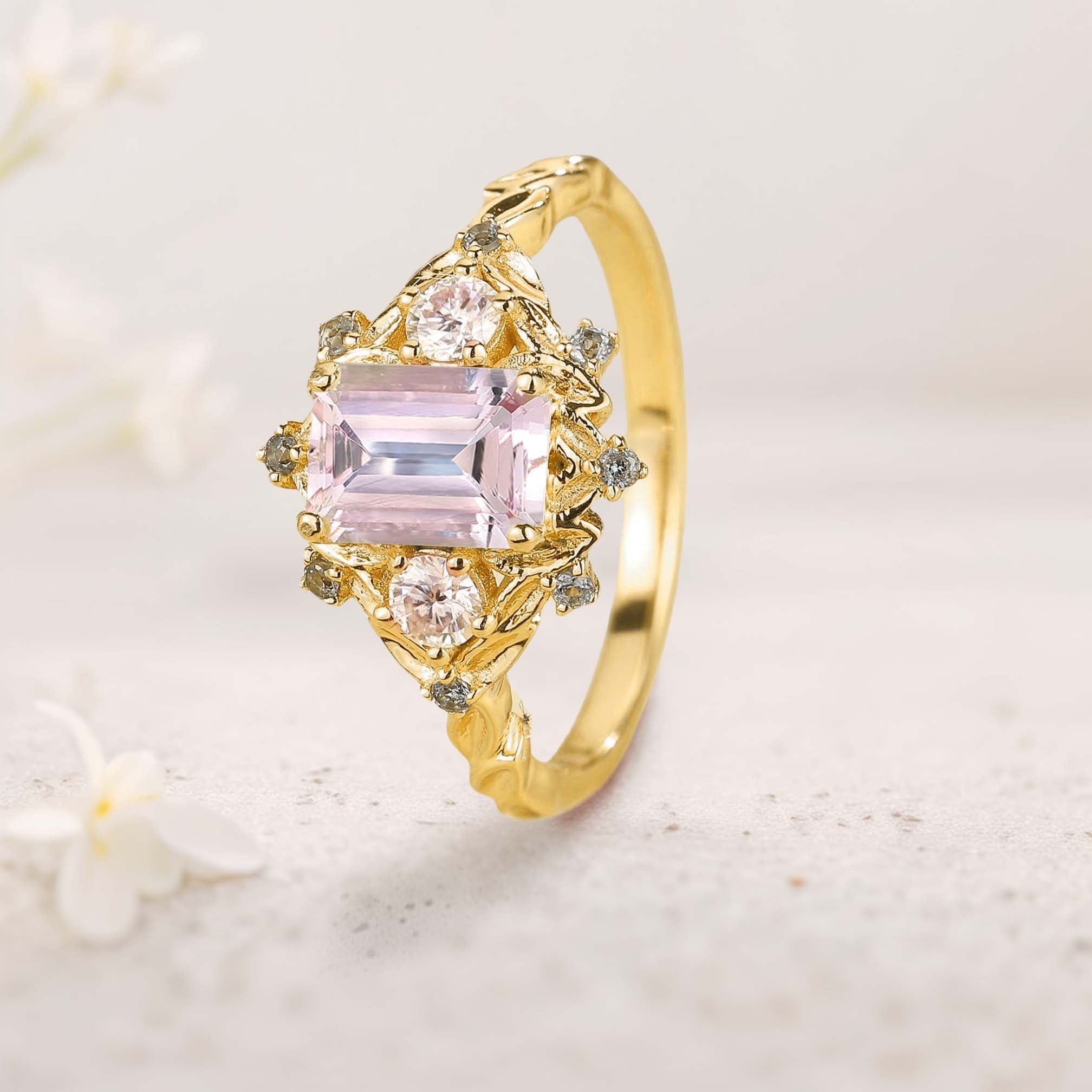 Vintage Three Stone Emerald cut Lab Morganite 18K Yellow Gold Engagement ring Fairy ring