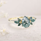 Unique Pear Moss Agate Ring Petal Side Stones 18K Yellow Gold Engagement Ring