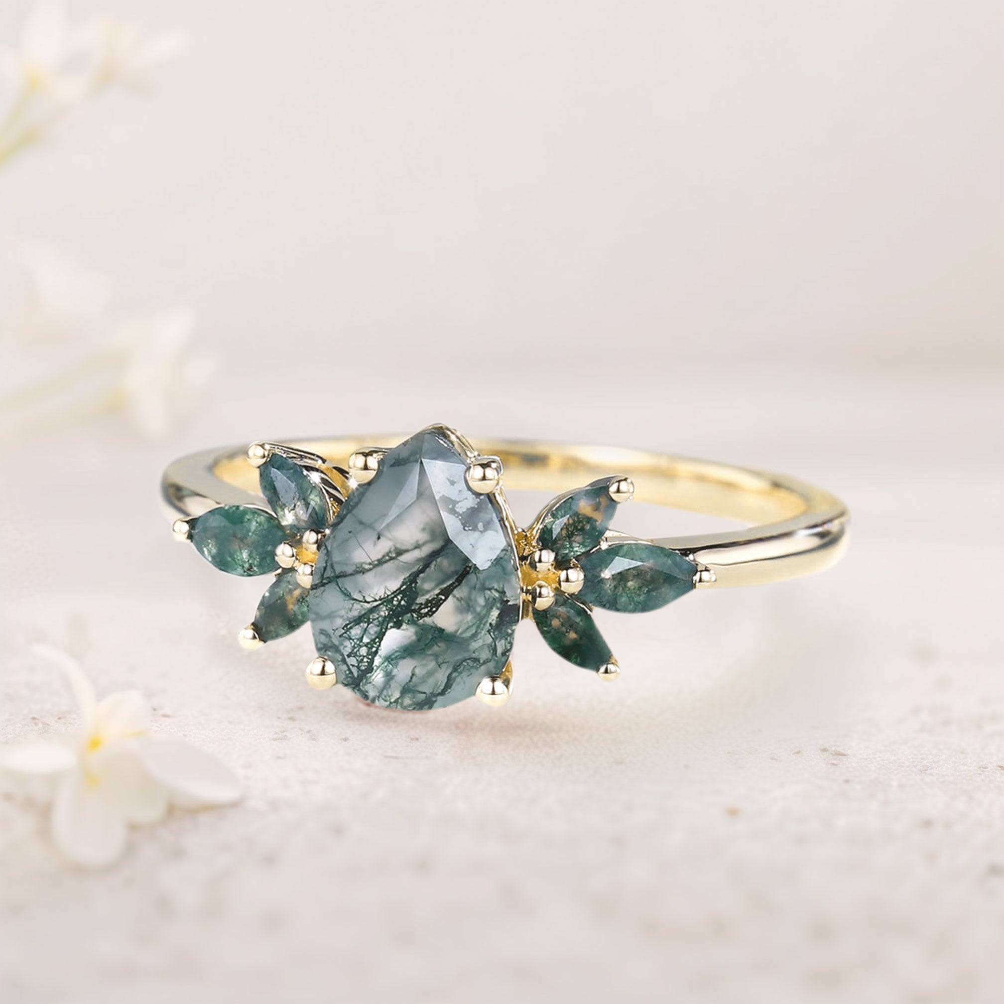 Unique Pear Moss Agate Ring Petal Side Stones 18K Yellow Gold Engagement Ring