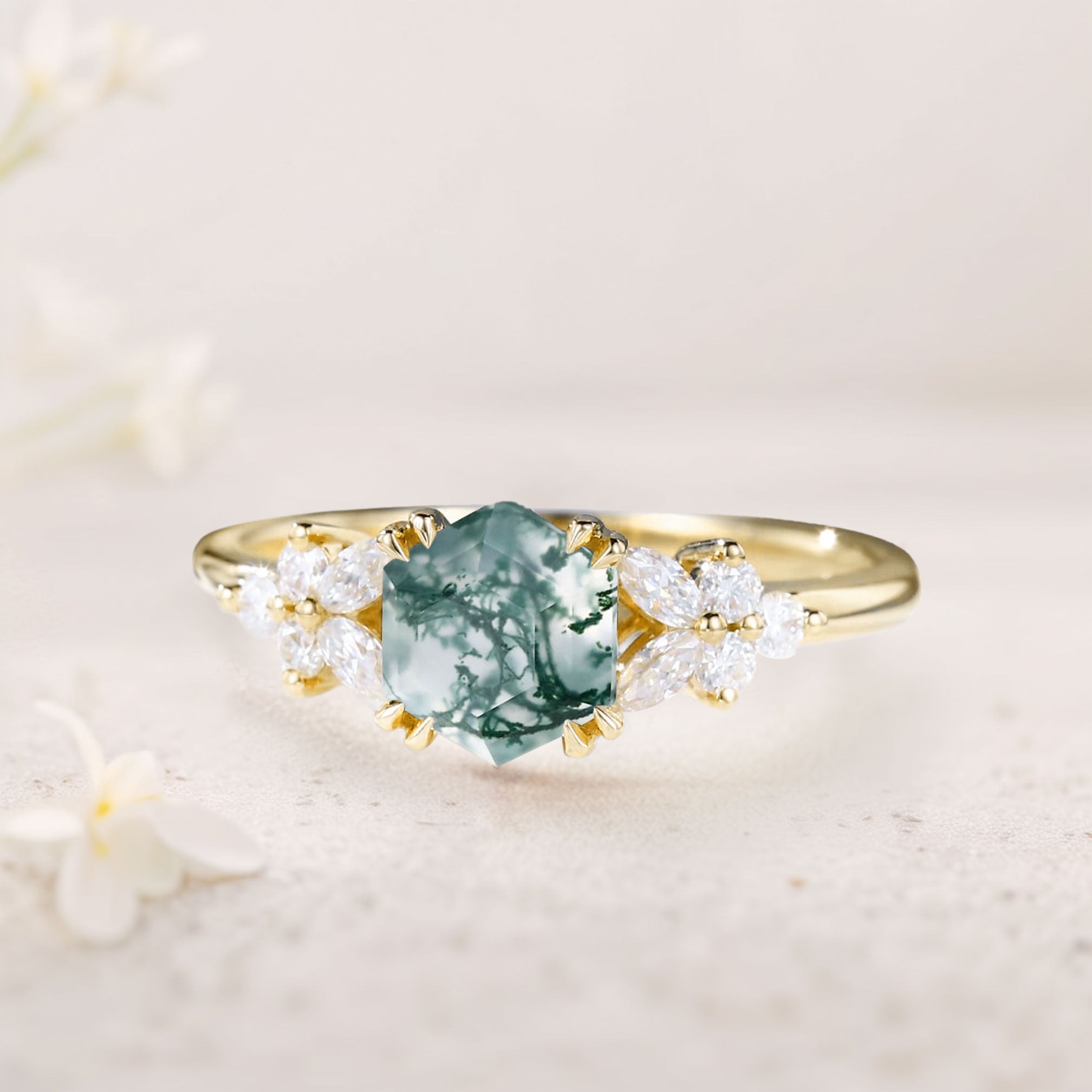 Unique Hexagon Moss Agate Simple 18K Yellow Gold Engagement Ring