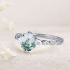 Unique Three Stone Oval Moss Agate Ring 18K White Gold Engagement Ring