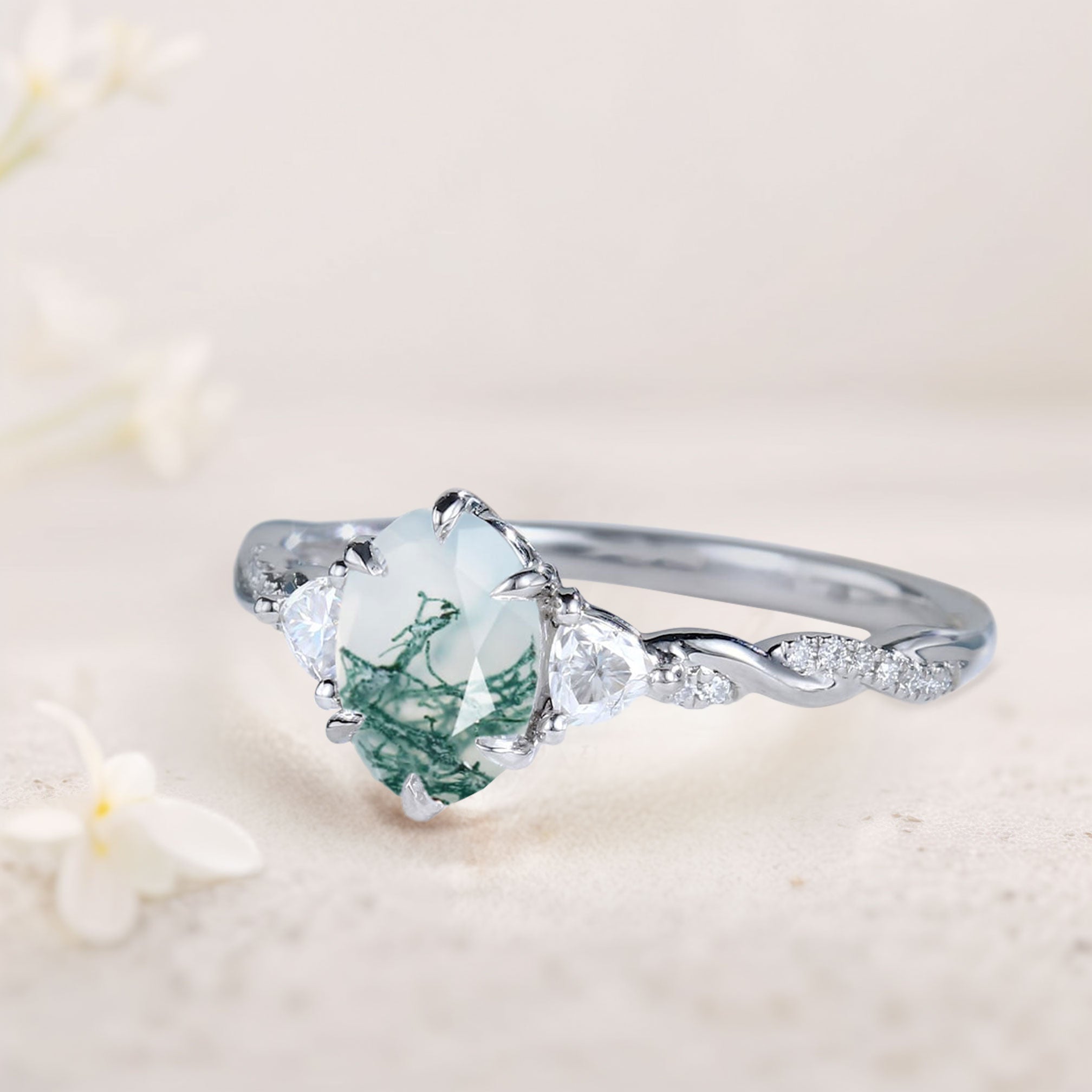 Unique Three Stone Oval Moss Agate Ring 18K White Gold Engagement Ring
