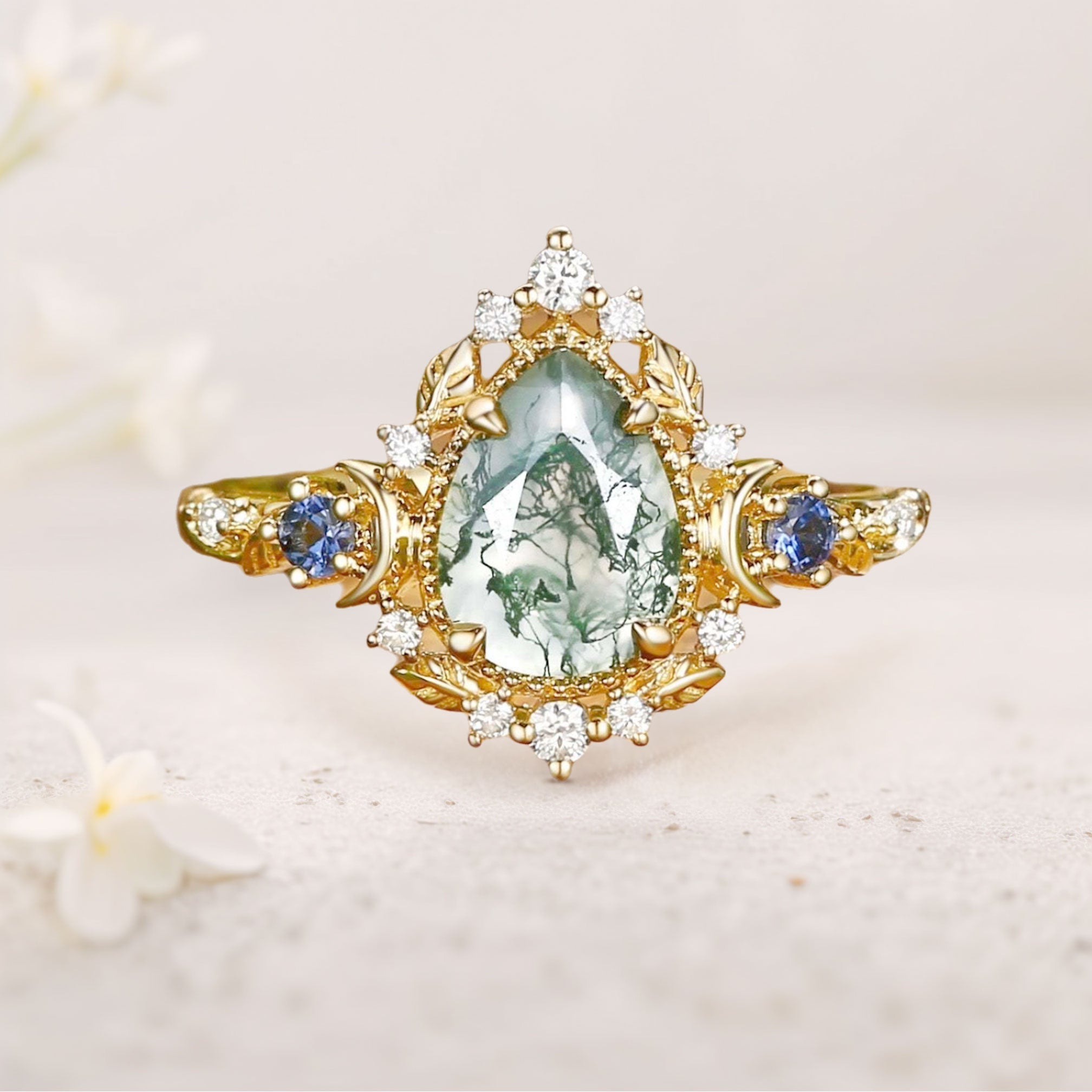 Unique floral engagement rings Moonlight Pear Moss Agate 18K Yellow Gold Engagement Ring