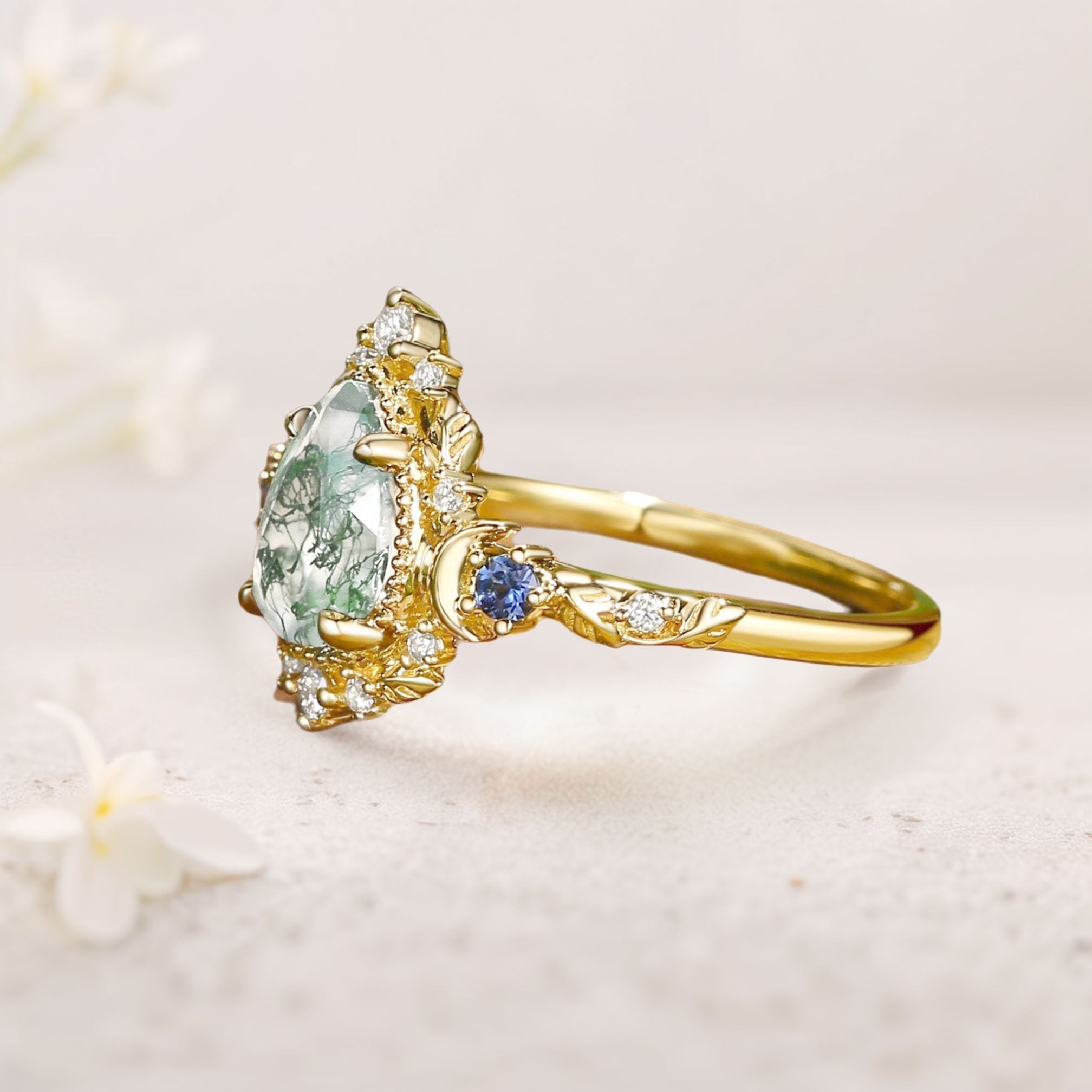Unique floral engagement rings Moonlight Pear Moss Agate 18K Yellow Gold Engagement Ring