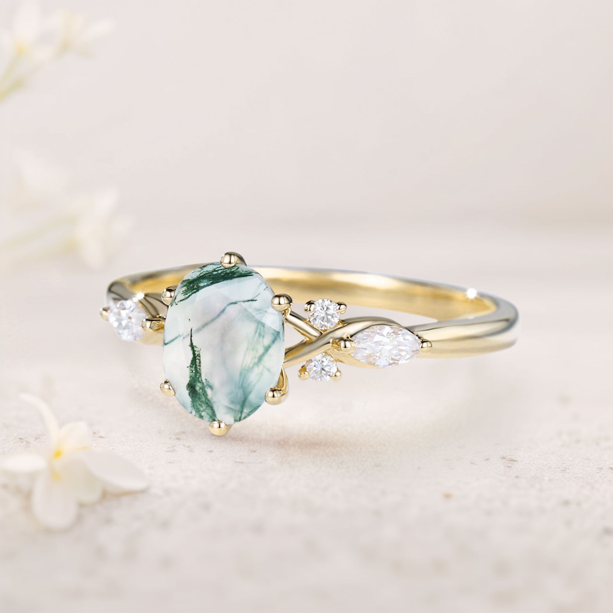 Unique Oval Moss Agate Twist Ring 18K Yellow Gold Engagement Ring