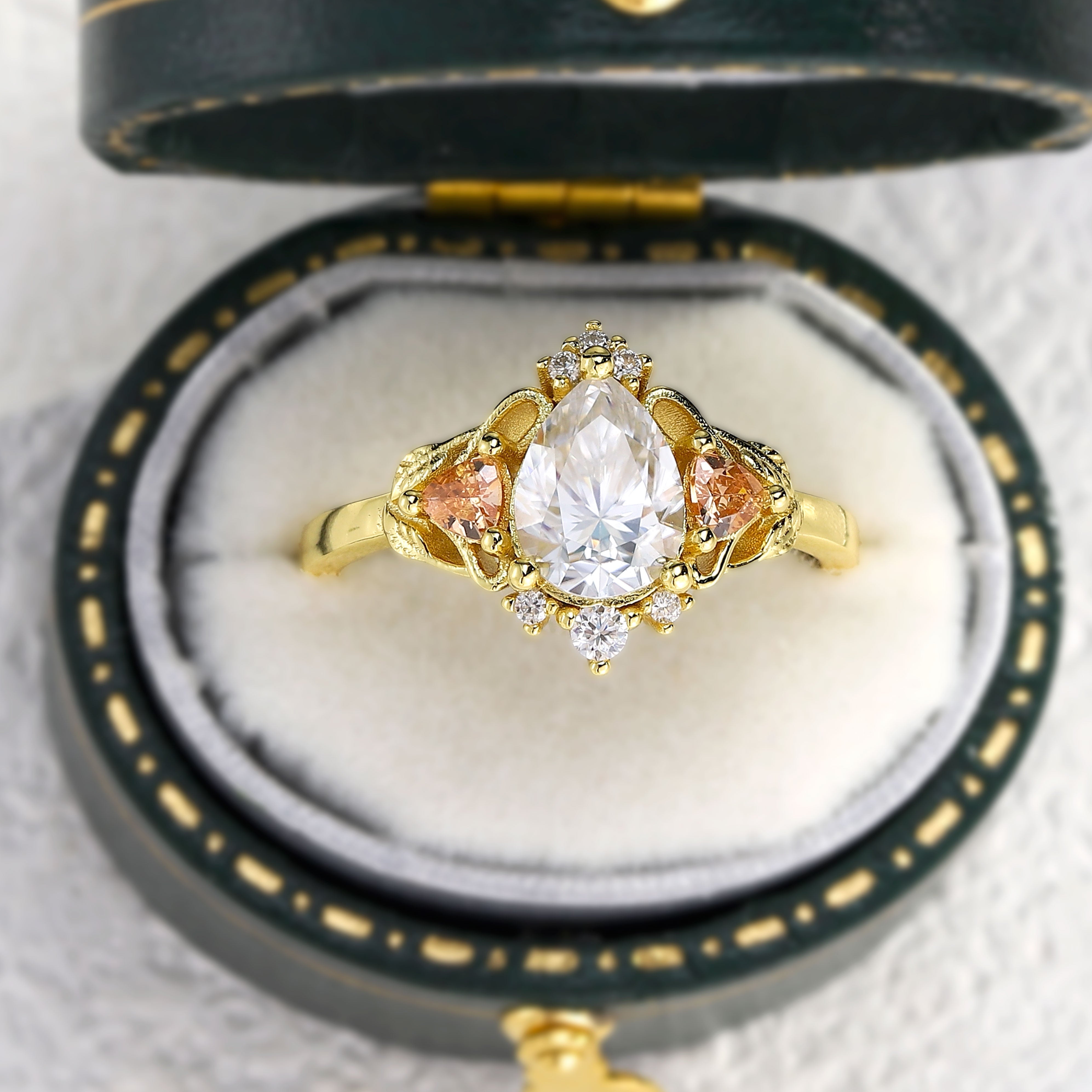 Unique Pear Moissanite Leaf Ring 18K Yellow Gold Engagement Ring