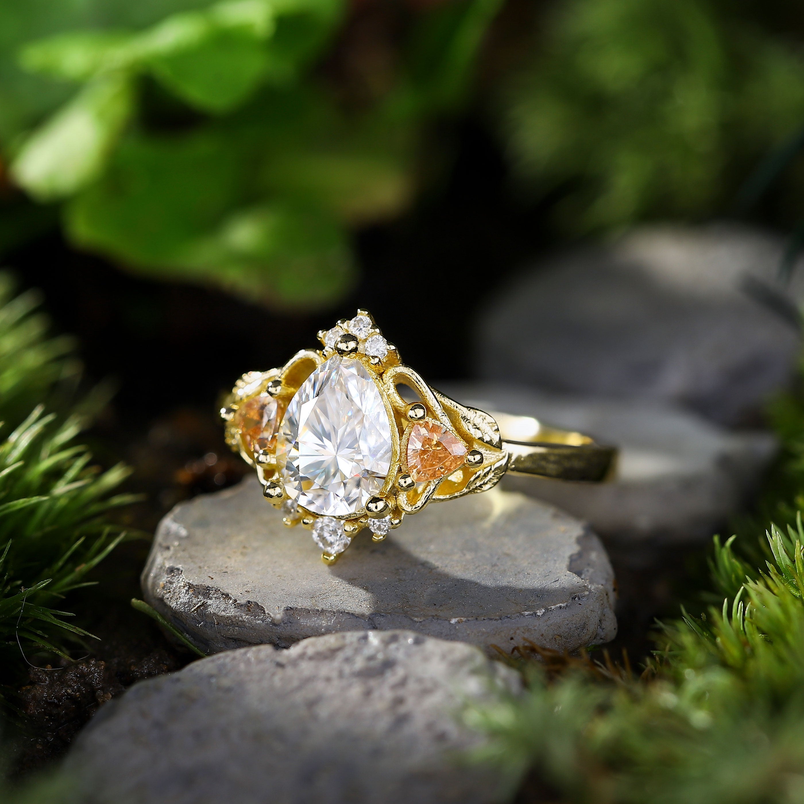 Unique Pear Moissanite Leaf Ring 18K Yellow Gold Engagement Ring