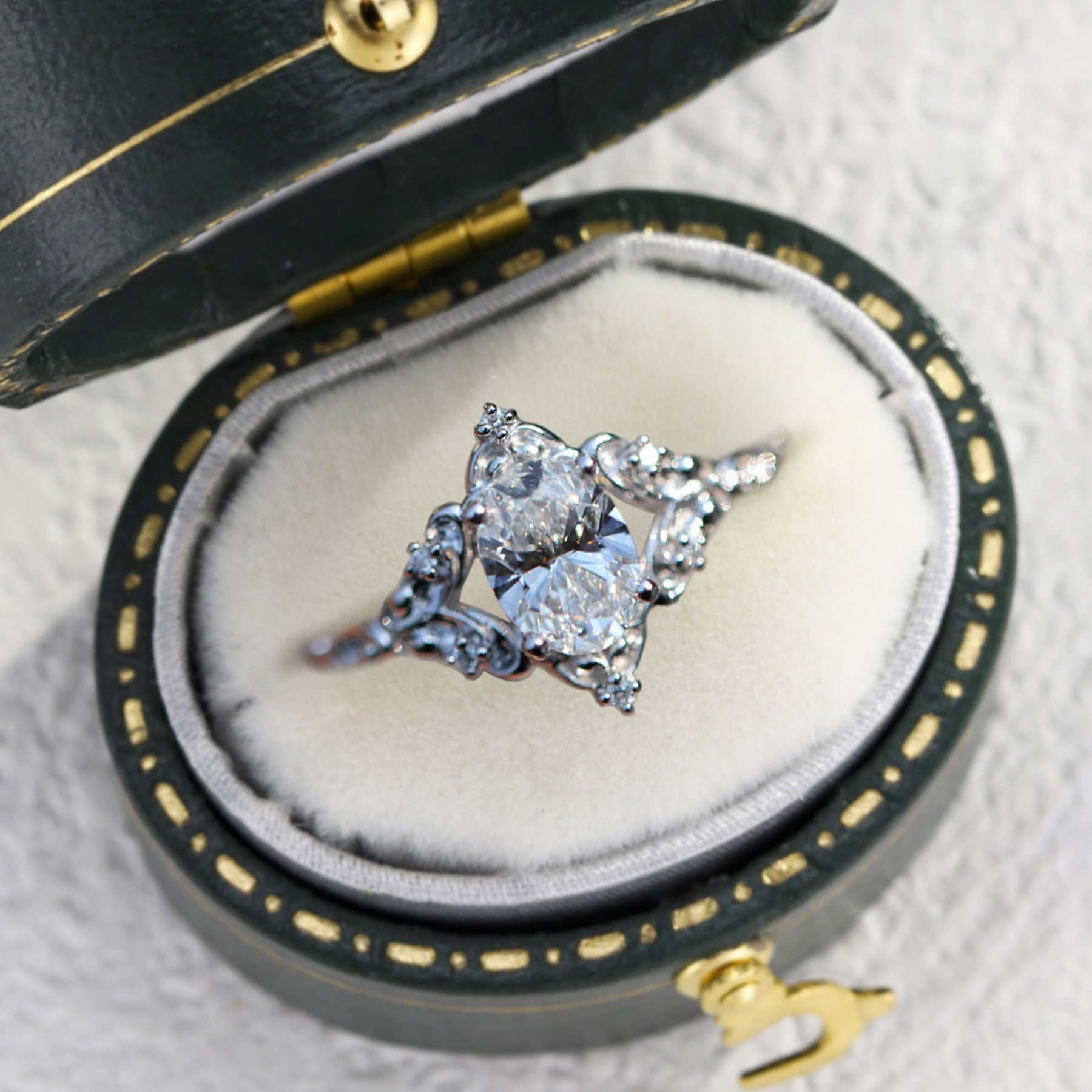 Unique Aurora Three Stone Oval Moissanite 18K White Gold Ring