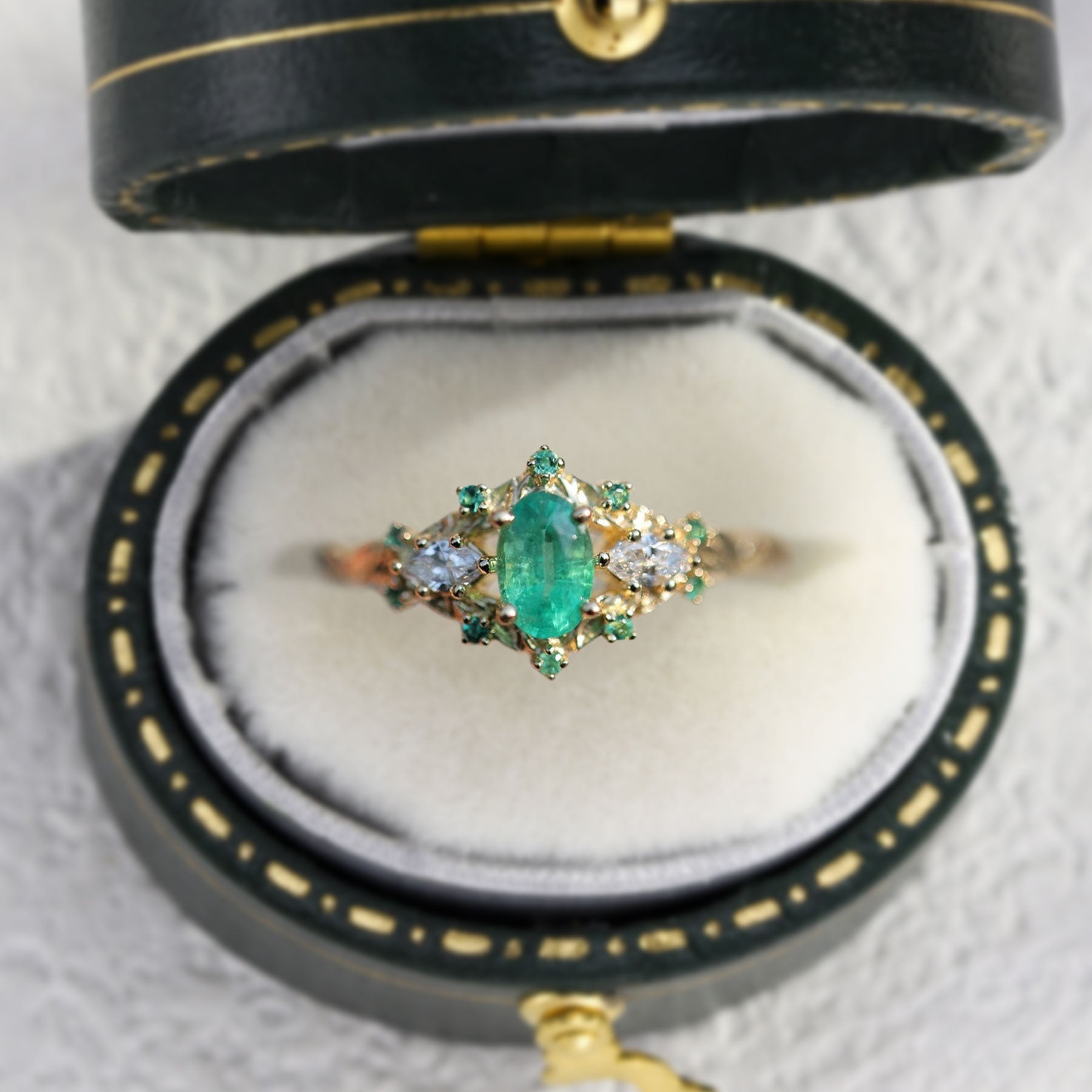 Unique Briar Rose Three Stone Oval Lab Emerald 18K Yellow Gold Engagement Ring