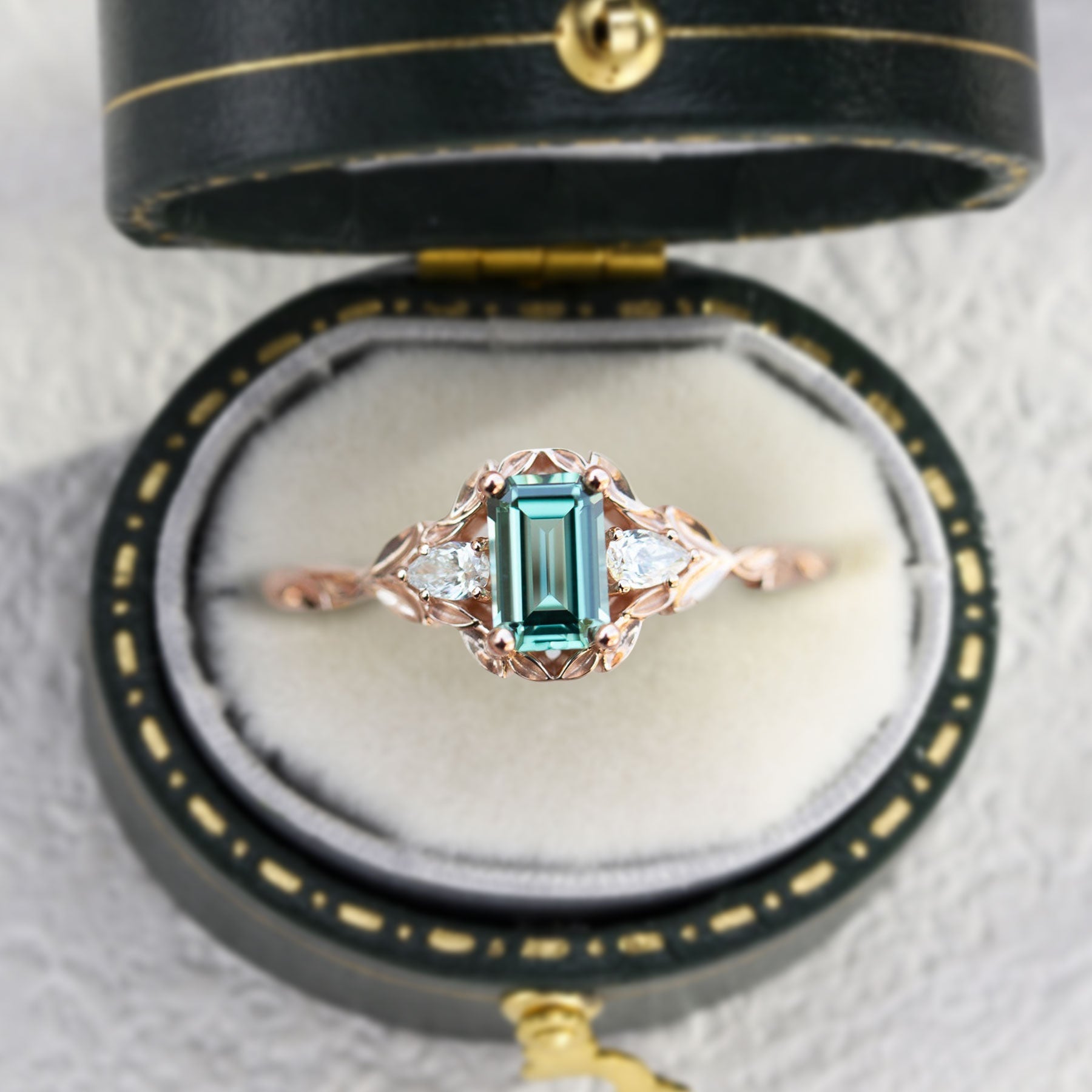 Unique Briar Rose Three Stone Emerald cut Green Lab Sapphire 18K Rose Gold Ring