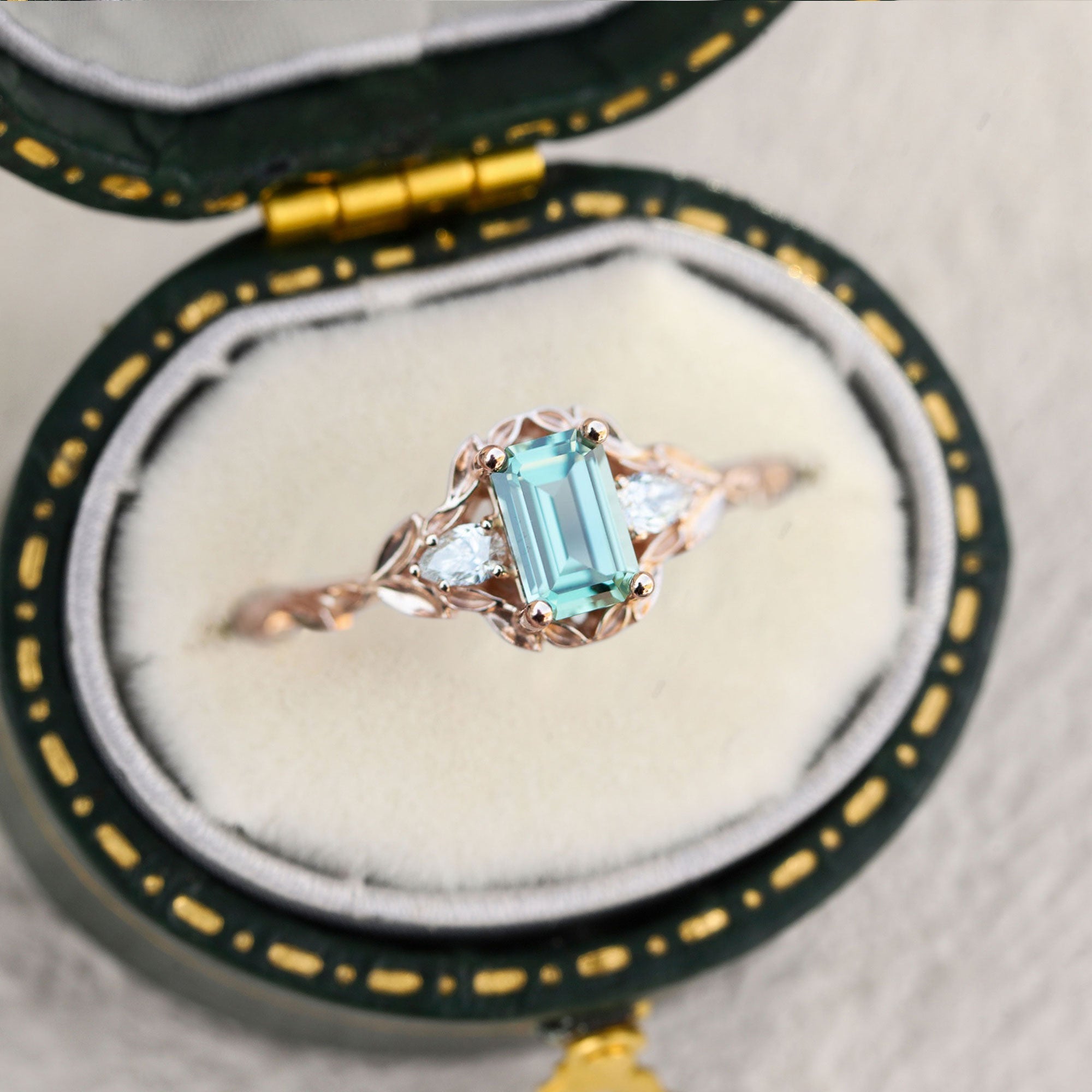 Unique Briar Rose Three Stone Emerald cut Green Lab Sapphire 18K Rose Gold Ring