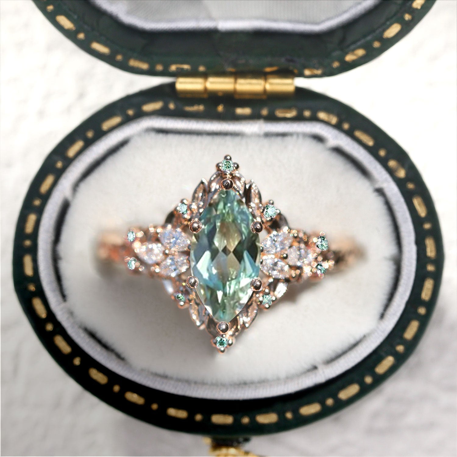 Unique floral engagement rings Briar Rose Starlight Marquise Green Lab Sapphire 18K Yellow Gold Ring 