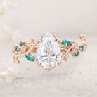 Unique floral engagement rings Pear Moissanite and Emerald 18K Yellow Gold Engagement Ring