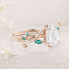 Unique floral engagement rings Pear Moissanite and Emerald 18K Yellow Gold Engagement Ring