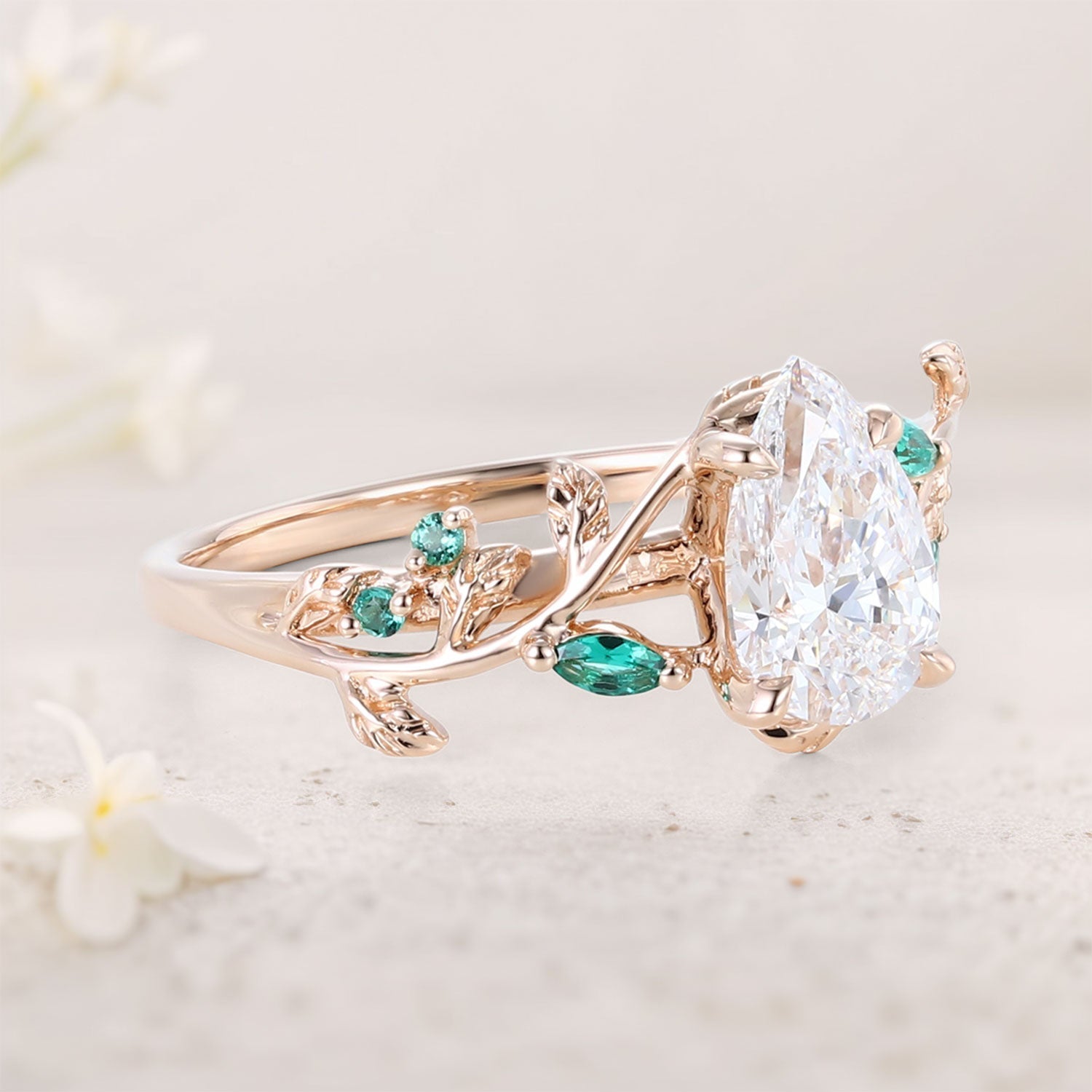 Unique floral engagement rings Pear Moissanite and Emerald 18K Yellow Gold Engagement Ring