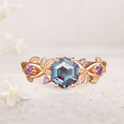 Unique floral engagement rings Hexagon Lab Alexandrite Leafy 18K Yellow Gold Engagement Ring