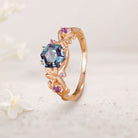 Unique floral engagement rings Hexagon Lab Alexandrite Leafy 18K Yellow Gold Engagement Ring