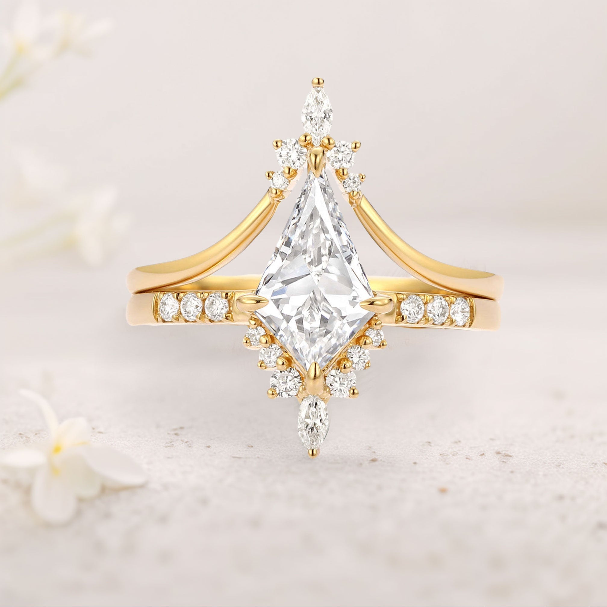 Unique floral engagement rings Moissanite Curved 18K Yellow Gold Engagement Ring Set