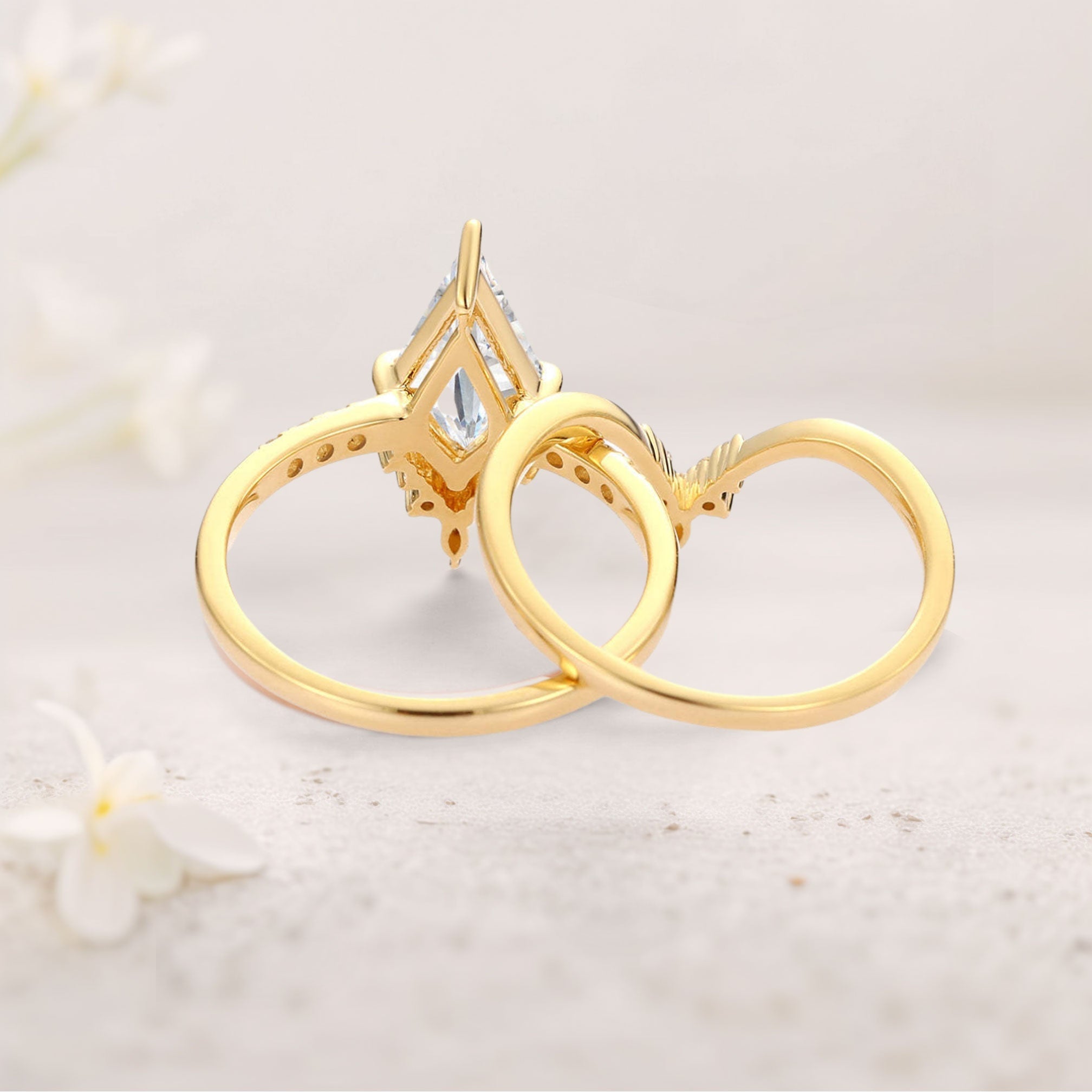Unique floral engagement rings Moissanite Curved 18K Yellow Gold Engagement Ring Set