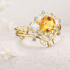 Unique floral engagement rings Round Citrine Leaf 18K Yellow Gold Engagement Ring Set Moissanite Cluster Flower Wedding Band