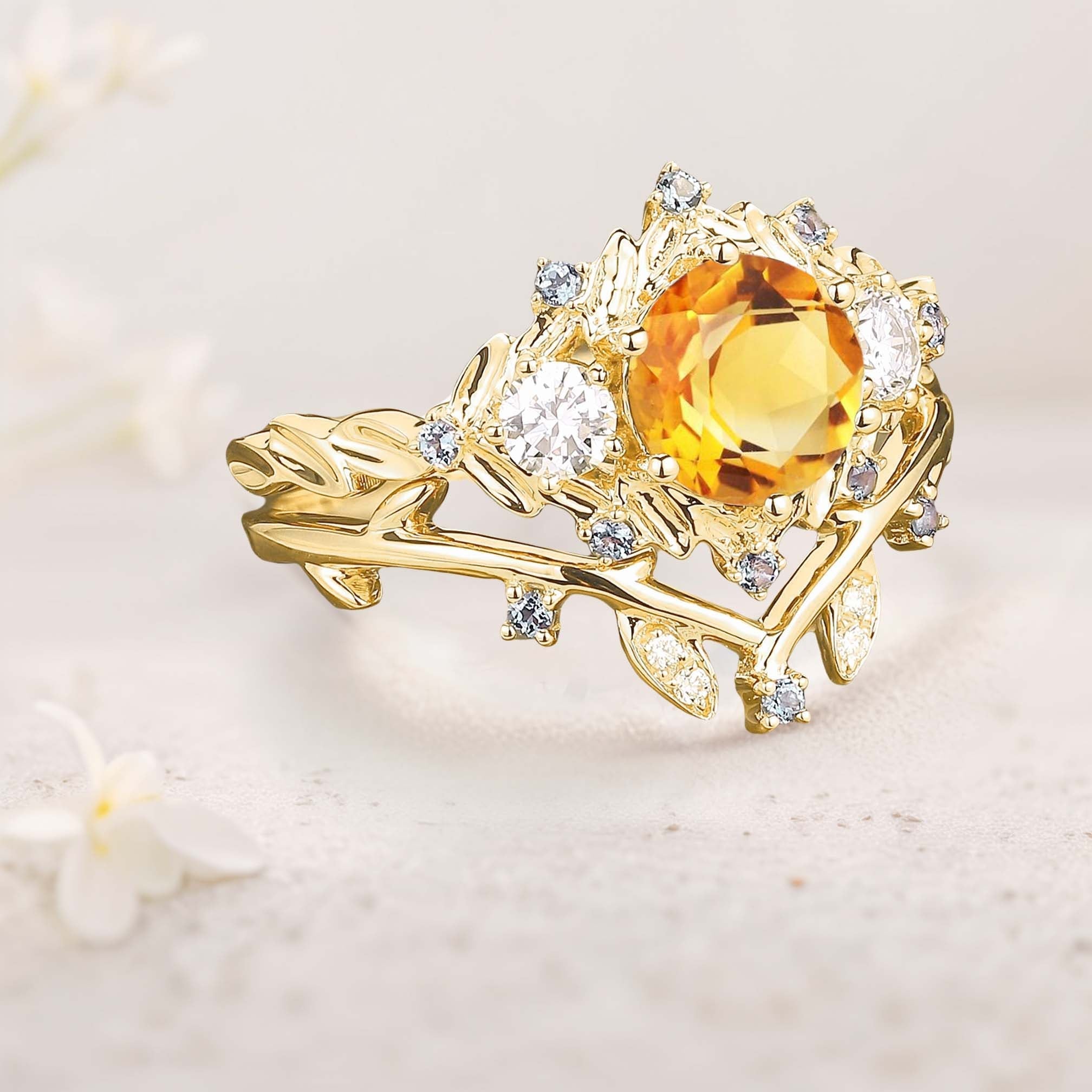 Unique floral engagement rings Round Citrine Leaf 18K Yellow Gold Engagement Ring Set Moissanite Cluster Flower Wedding Band