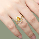 Unique floral engagement rings Round Citrine Leaf 18K Yellow Gold Engagement Ring Set Moissanite Cluster Flower Wedding Band